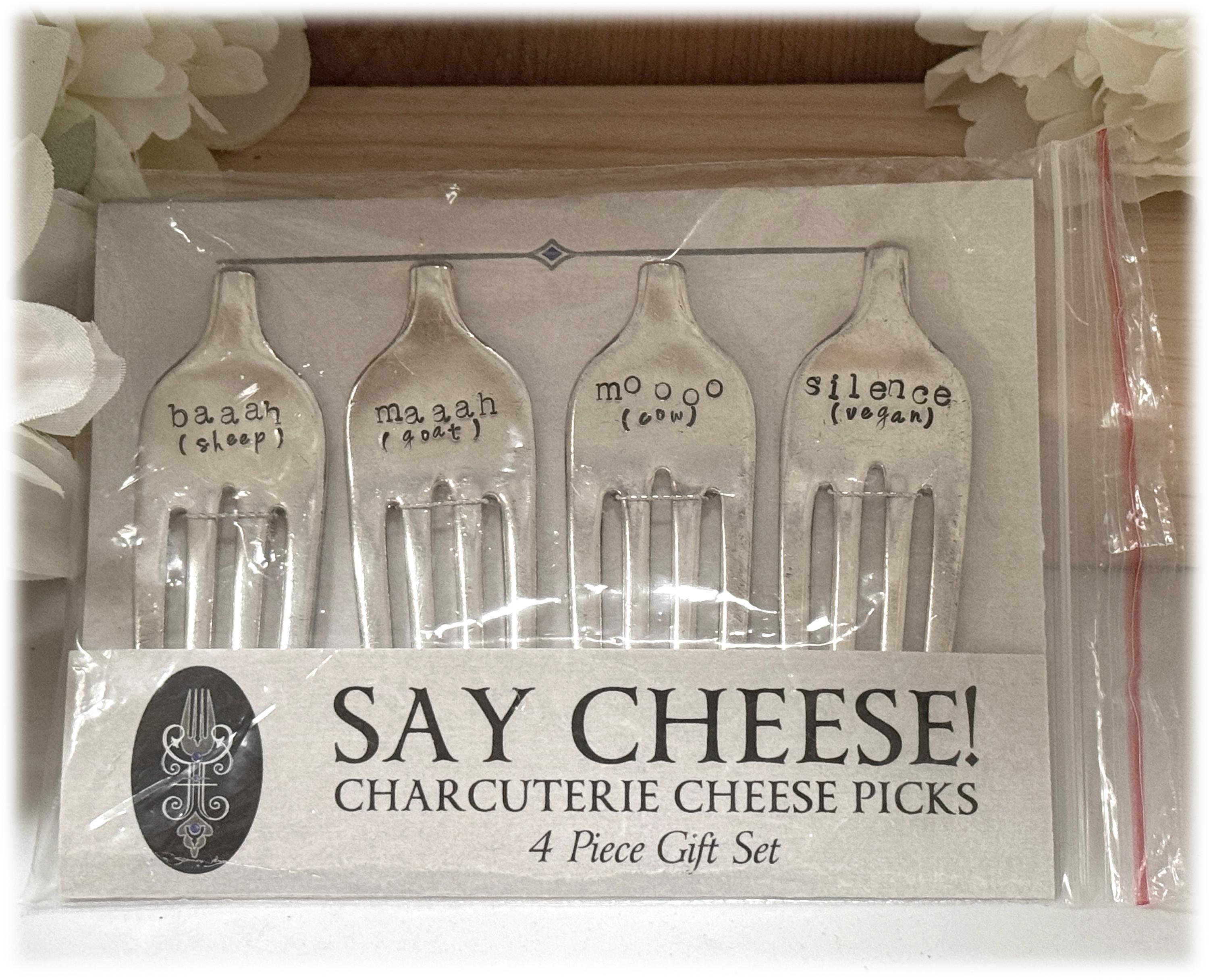 Hand Stamped Fork Charcuterie Cheese Picks, Hostess Gift, Set of 4
