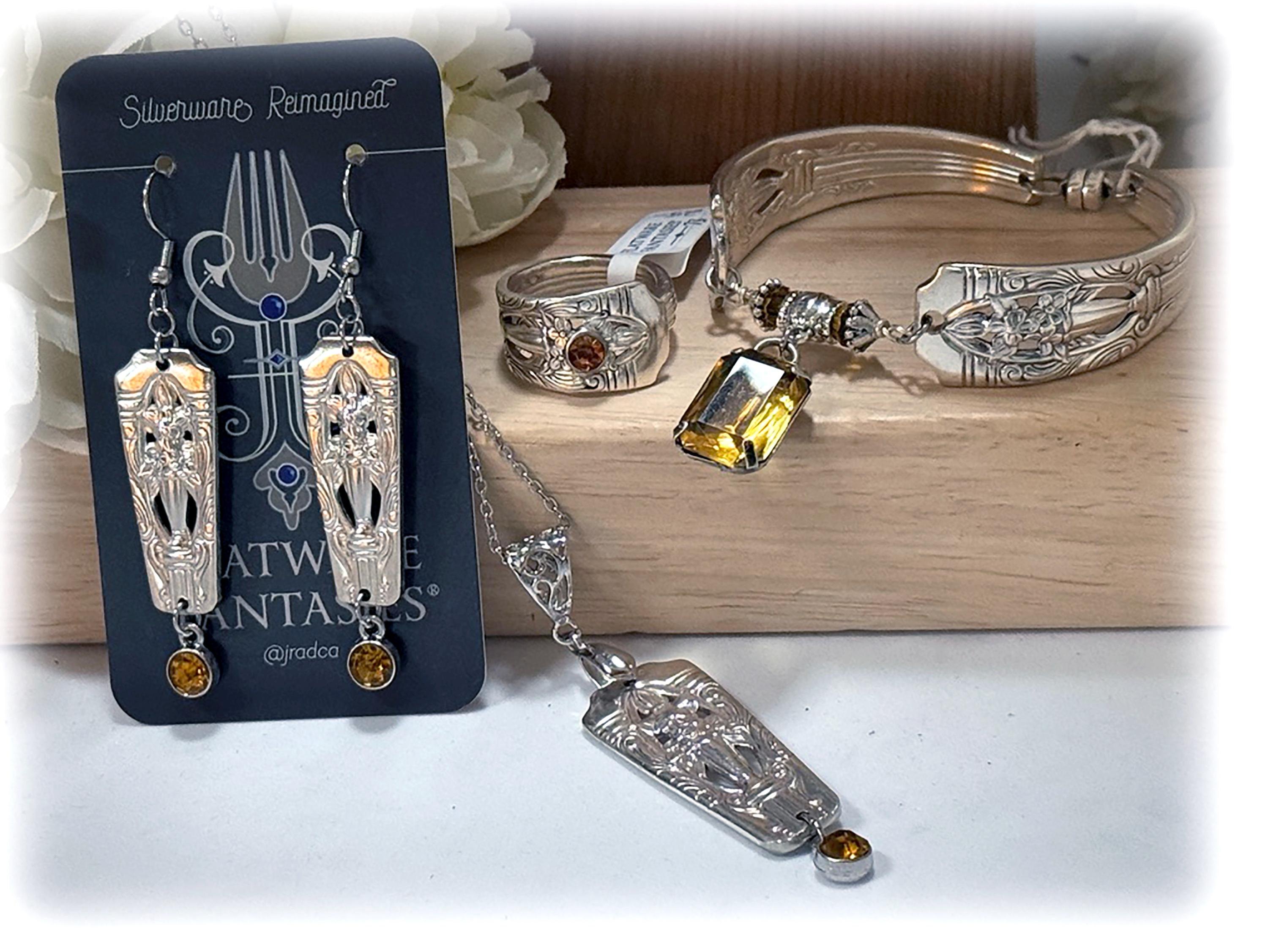 Filigree Silverplate Jewelry, November Topaz Crystal, Upcycled Flatware