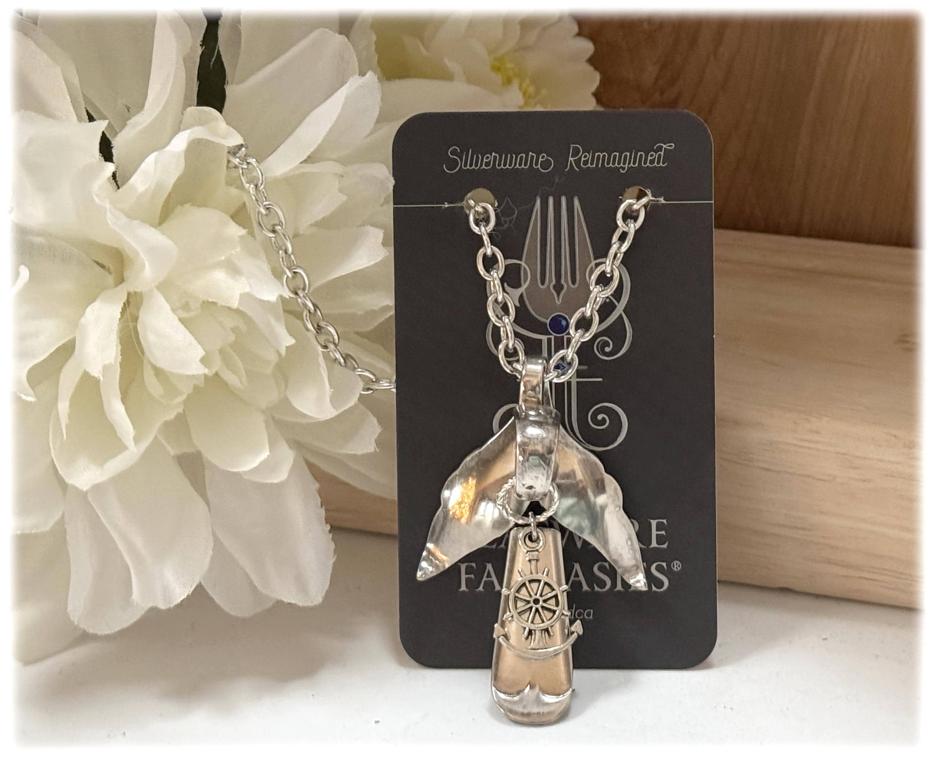 Upcycled Silverplate Whale Tail Pendant Necklace, Nautical Charm