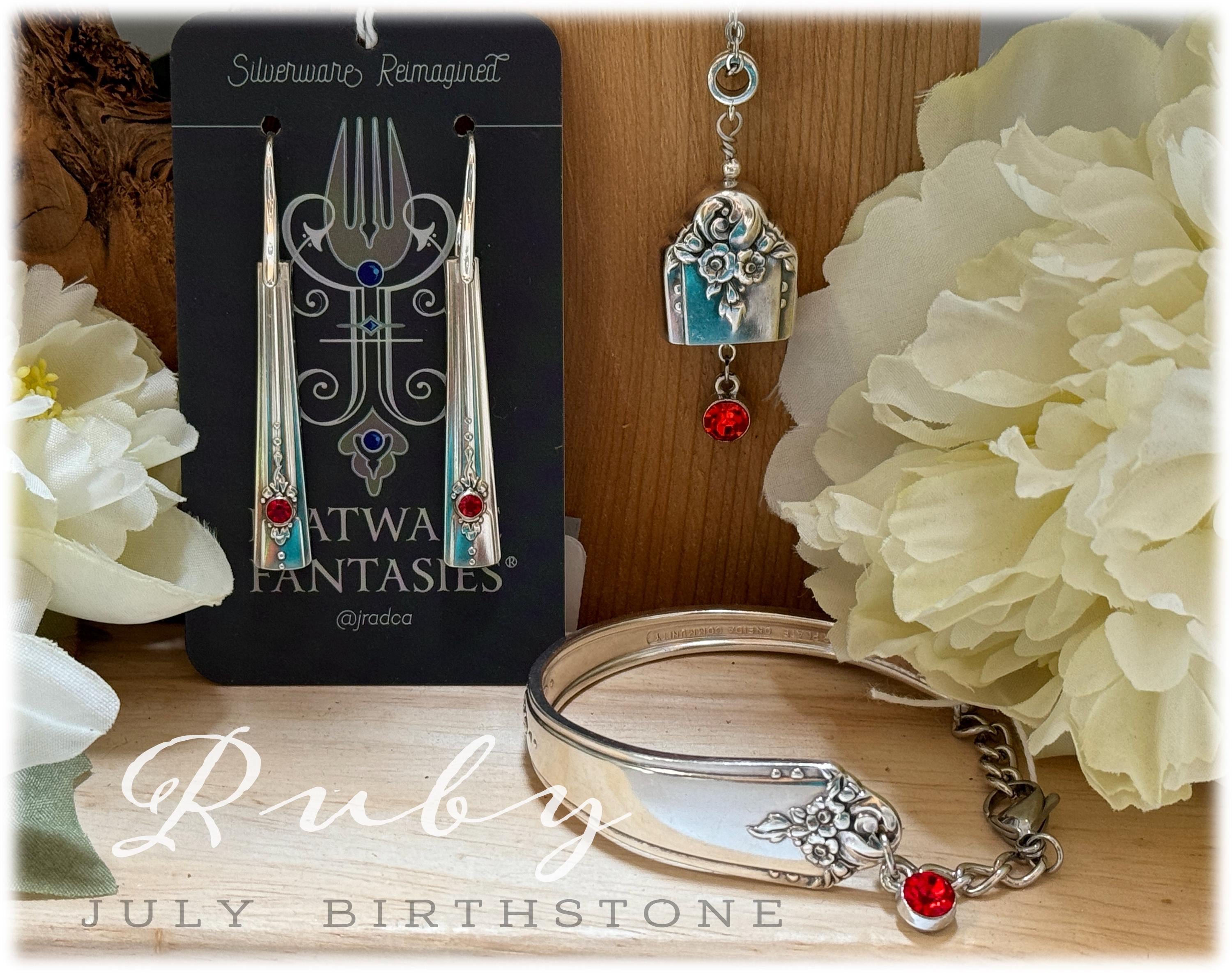 Ruby Crystal Spoon Jewelry, Sweet Briar Floral Silverplate, Upcycled Bracelet Earrings or Pendant