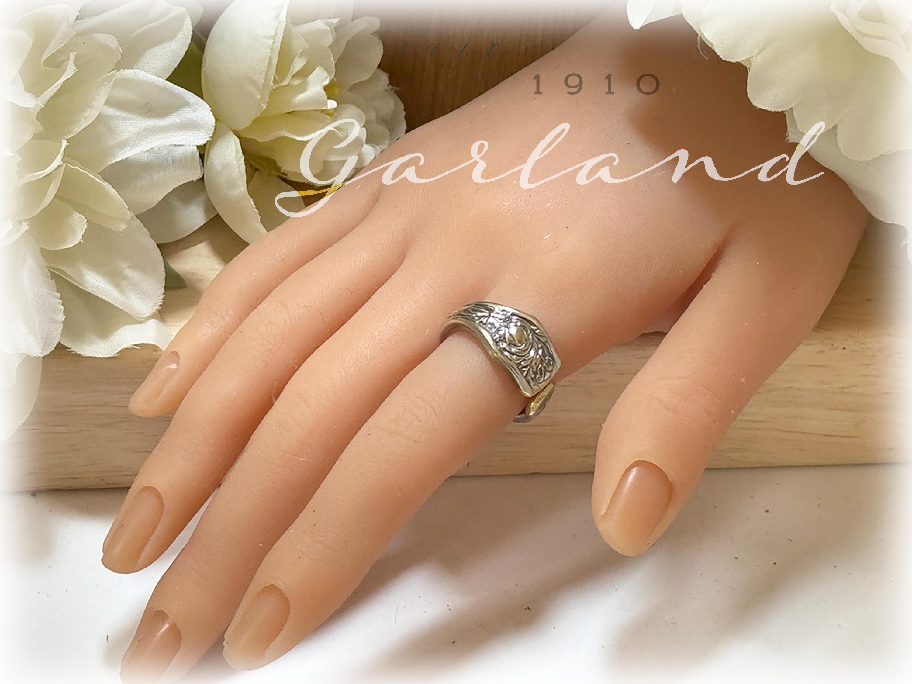 Garland 1910 Silverplate Spoon Ring, Unique FloralJewelry, Sz 9, Art Nouveau, Brass Accents