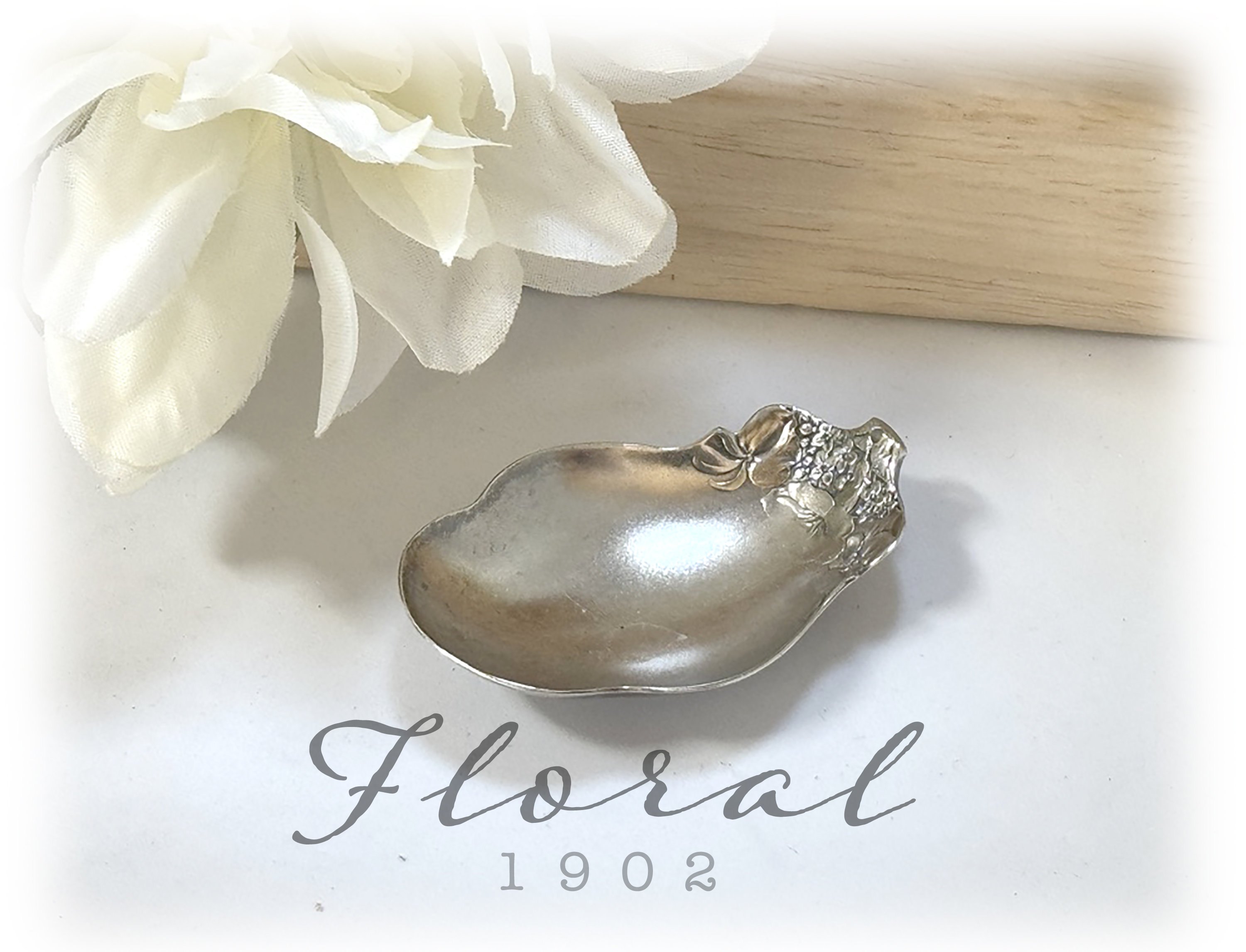 Antique Floral Ring Dish, Repousse Silverware Jewelry Bowl, c 1905