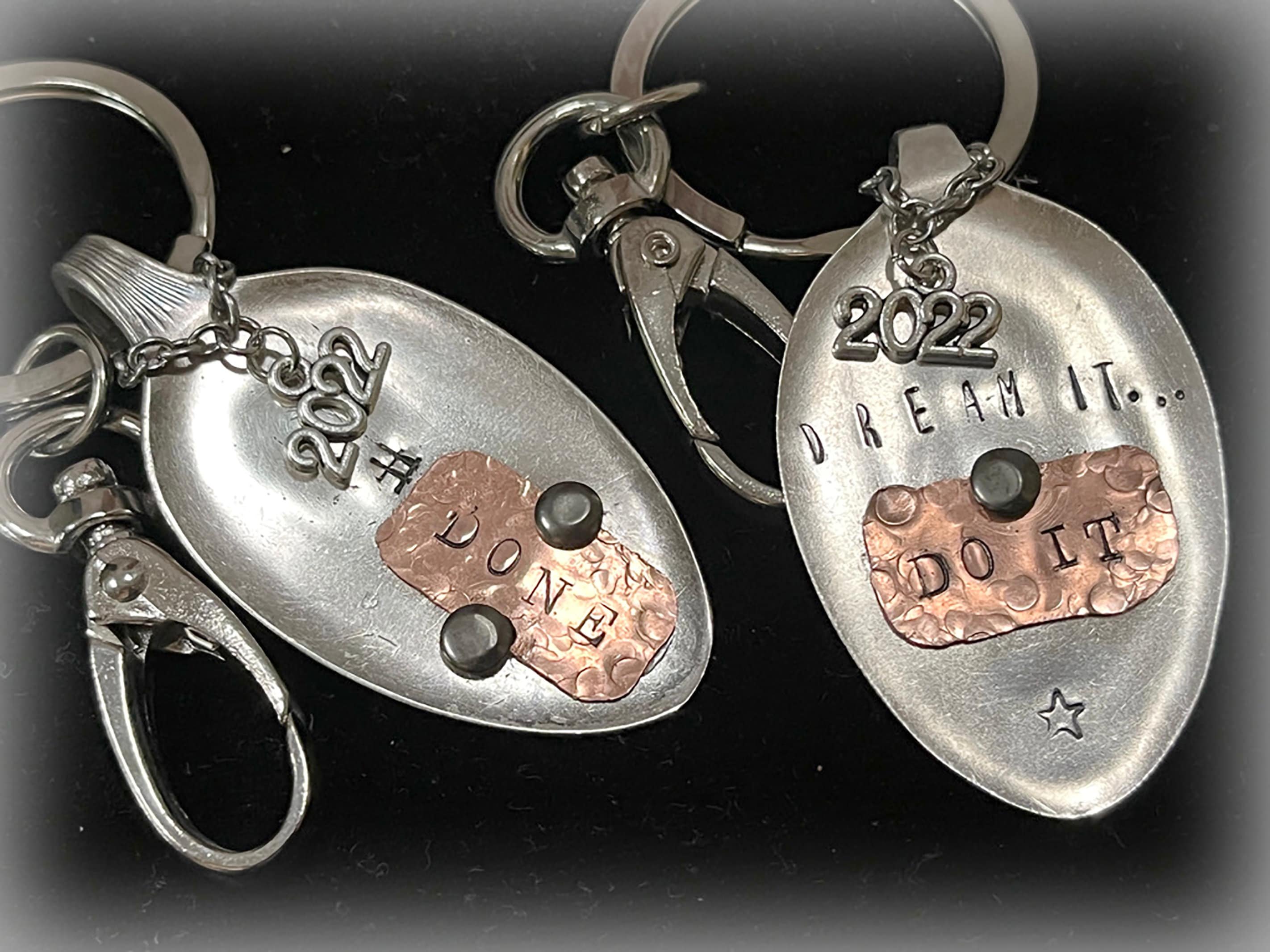 Graduation Hand Stamped Spoon Keychain, Repurposed Silverplate Spoon with Copper, 2 Choices DREAM IT, #DONE