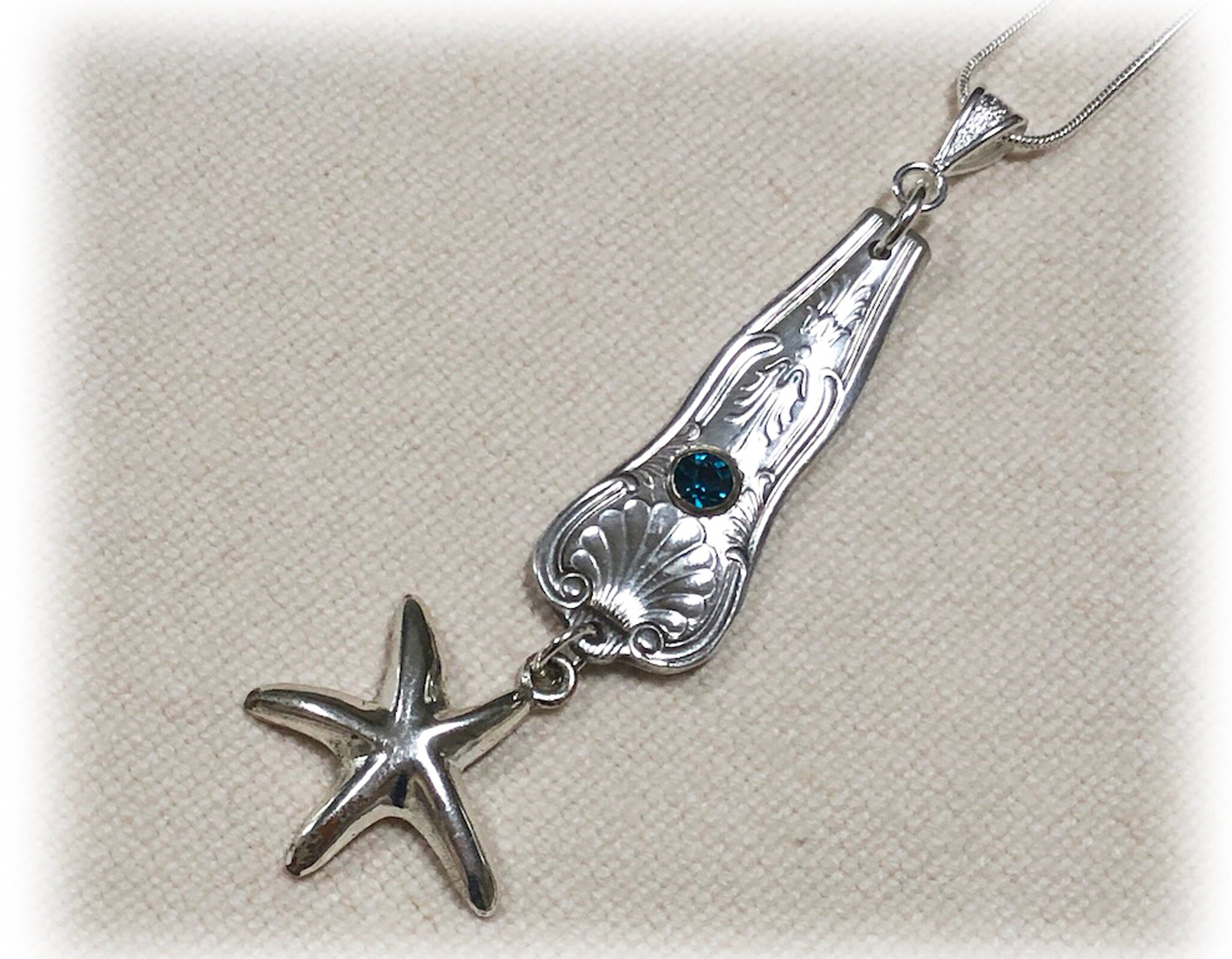 Caribbean Blue Starfish Spoon Jewelry, Vintage Silverplate Pendant, Teal Crystal, KINGS, Beach Lover Gift