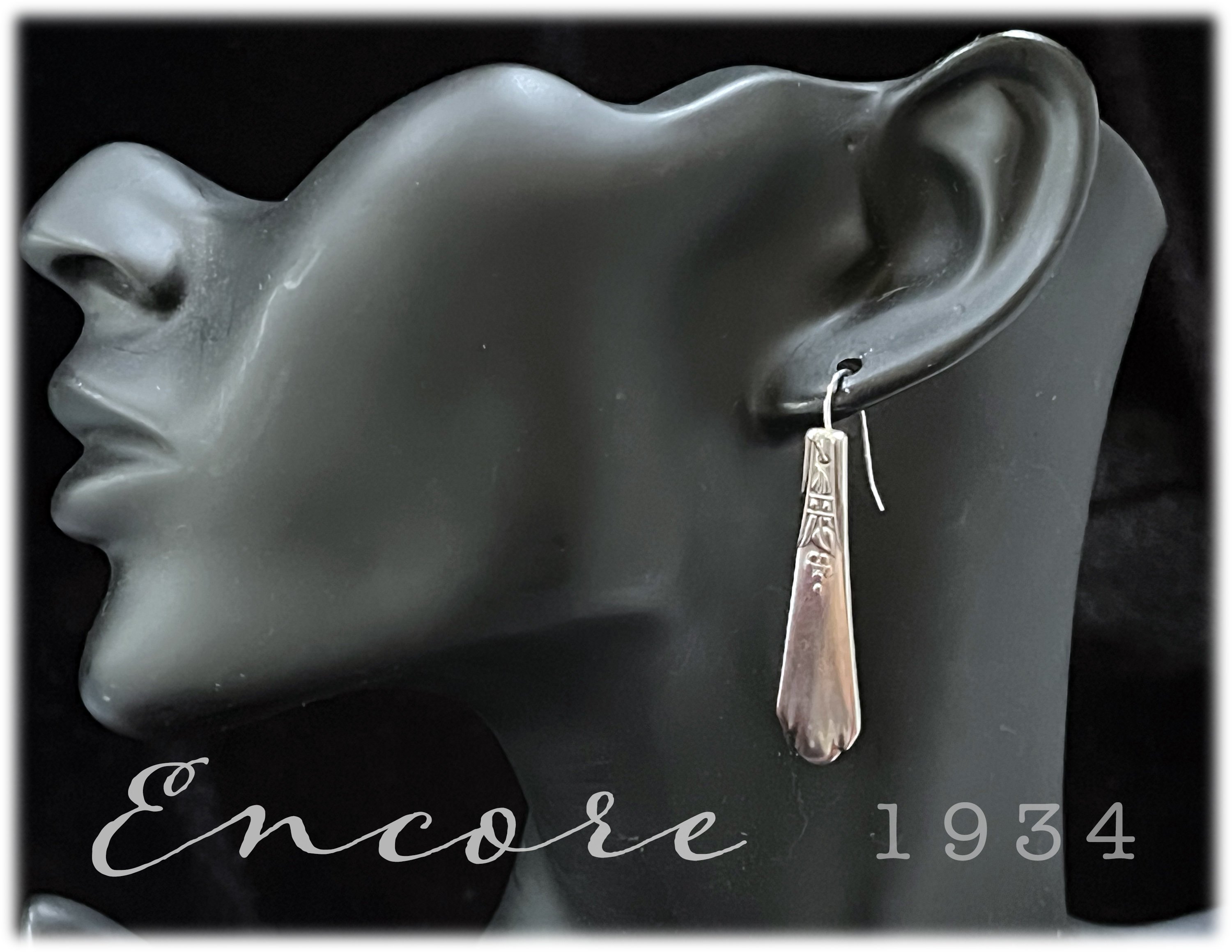 1934 Encore Spoon Earrings, Necklace, Upcycled Silverplate, Art Deco, Dangling Drop Wire Earring