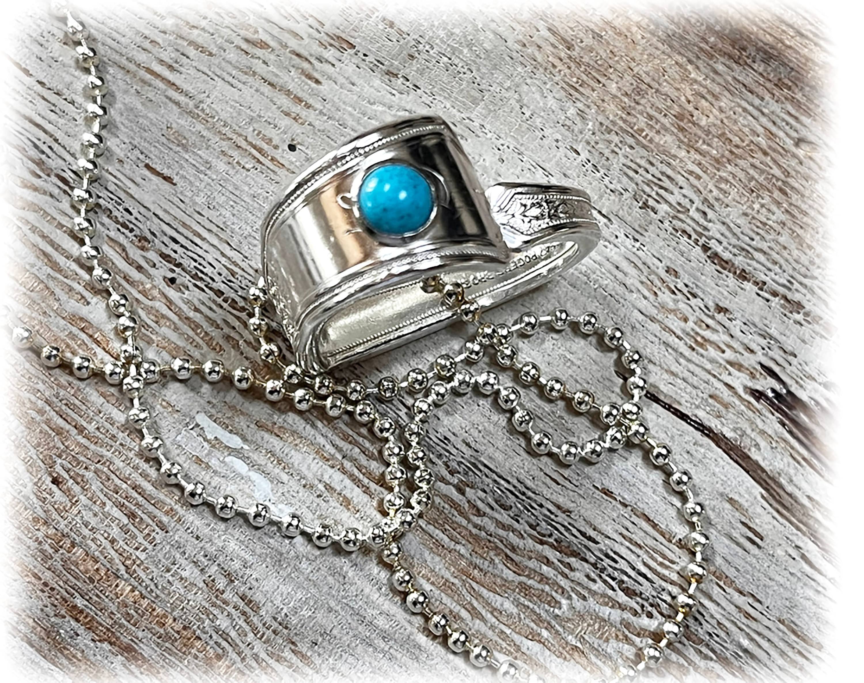 1924 Ancestral, Silver Spoon Floating Heart Pendant, Turquoise Rivet, Bead Link Chain, Love Gift