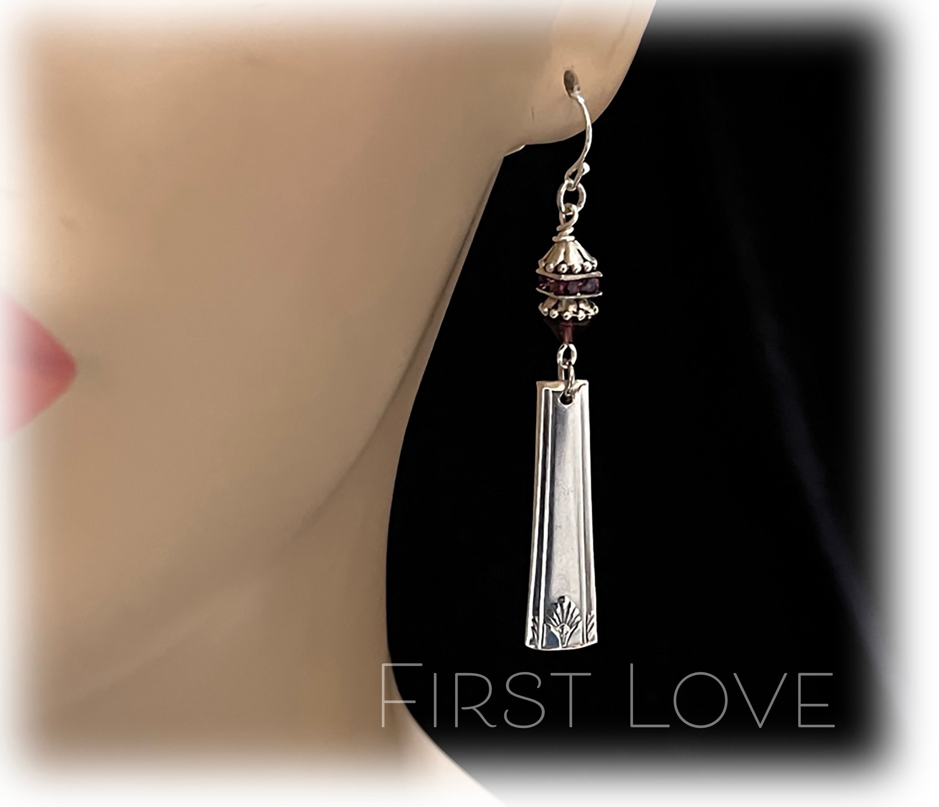 Silver Spoon First Love Earrings, February Amethyst, 1937 Silverplate Art Deco, Girlfriend, Love