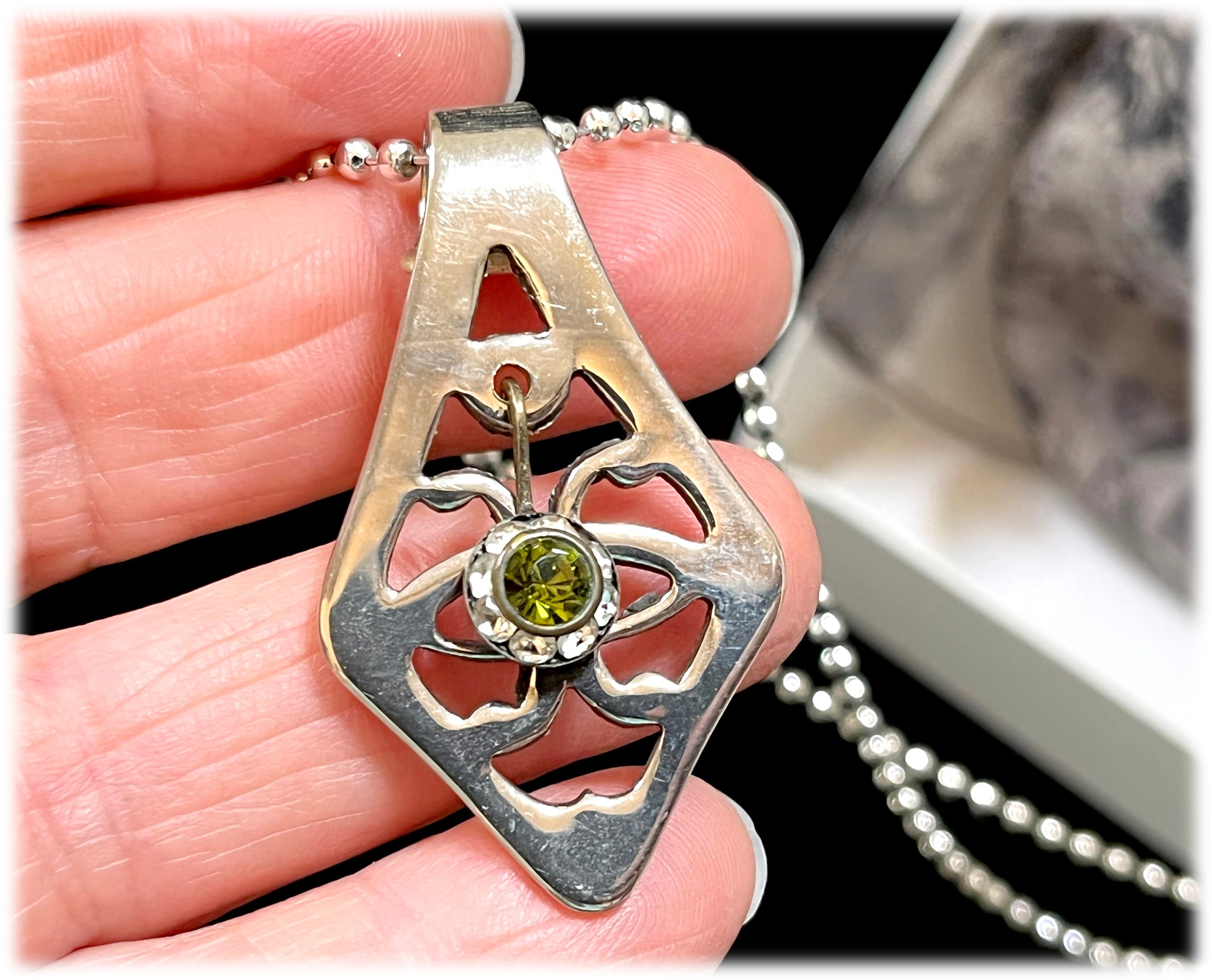 Peridot August Birthstone, Antique Silver Victorian Tea Strainer Pendant Openwork Necklace, 1900s Repurposed Utensil