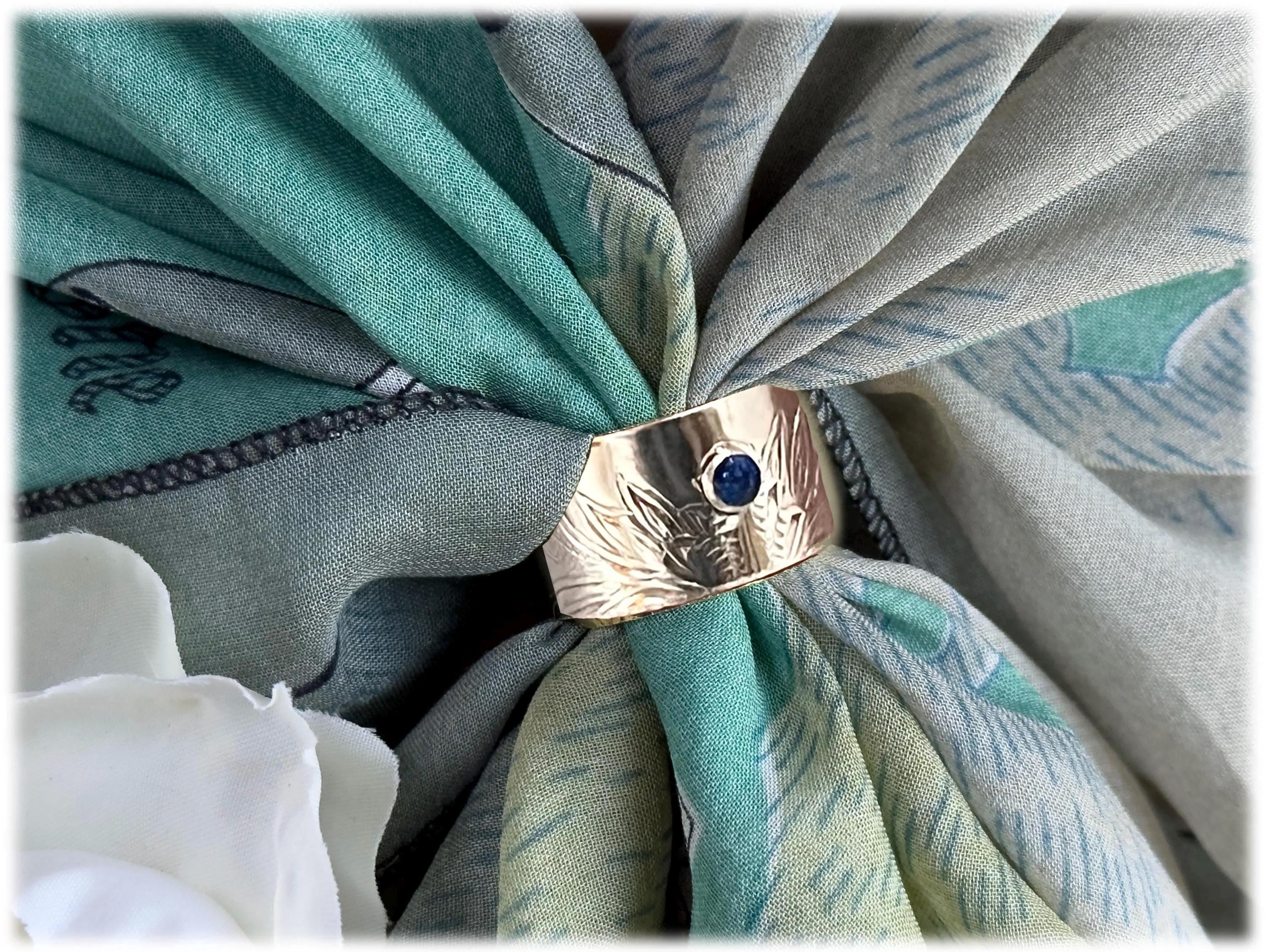Bandana Scarf Ring cut from Tray, Upcycled Silverplate, Baroque Pattern Sapphire Crystal