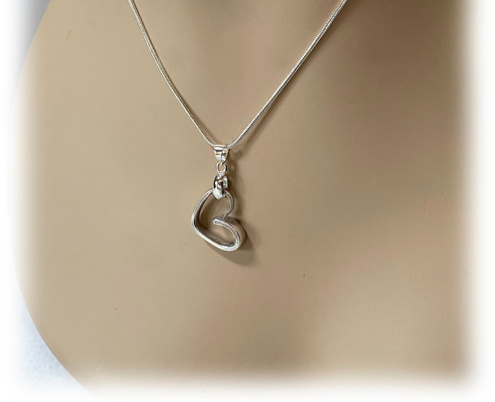 Stylized Heart Charm Silverplate Fork Tine, Linked Necklace, Denim Bracelet, Joined Hearts, Heart Jewelry