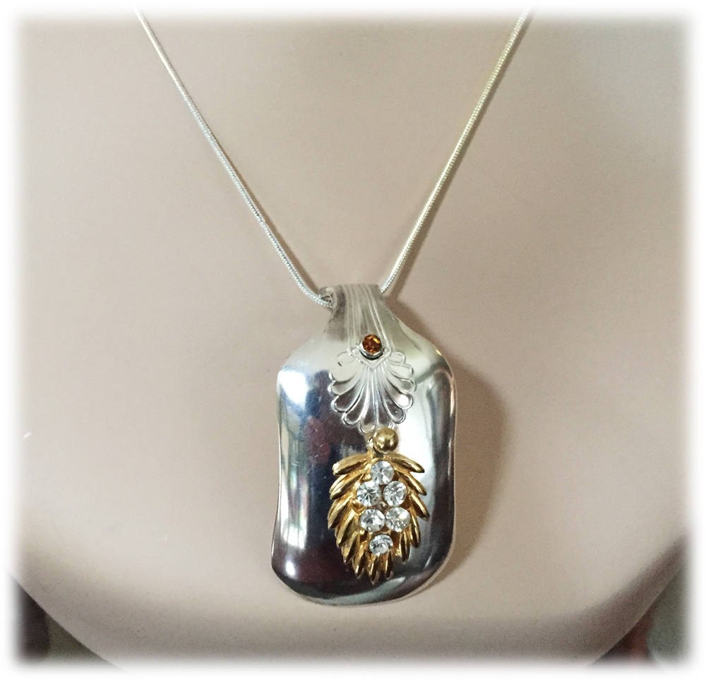 Upcycled Silverplate Spoon Pendant: Amber Topaz & Rhinestone Necklace