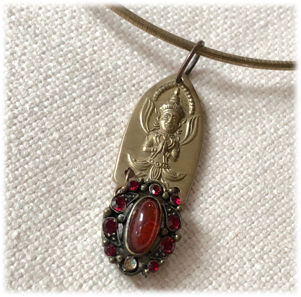 Upcycled Spoon Jewelry, Siamese Brass Pendant Choker, Hindu Diety, Crystal Stone Charm, Unique Necklace
