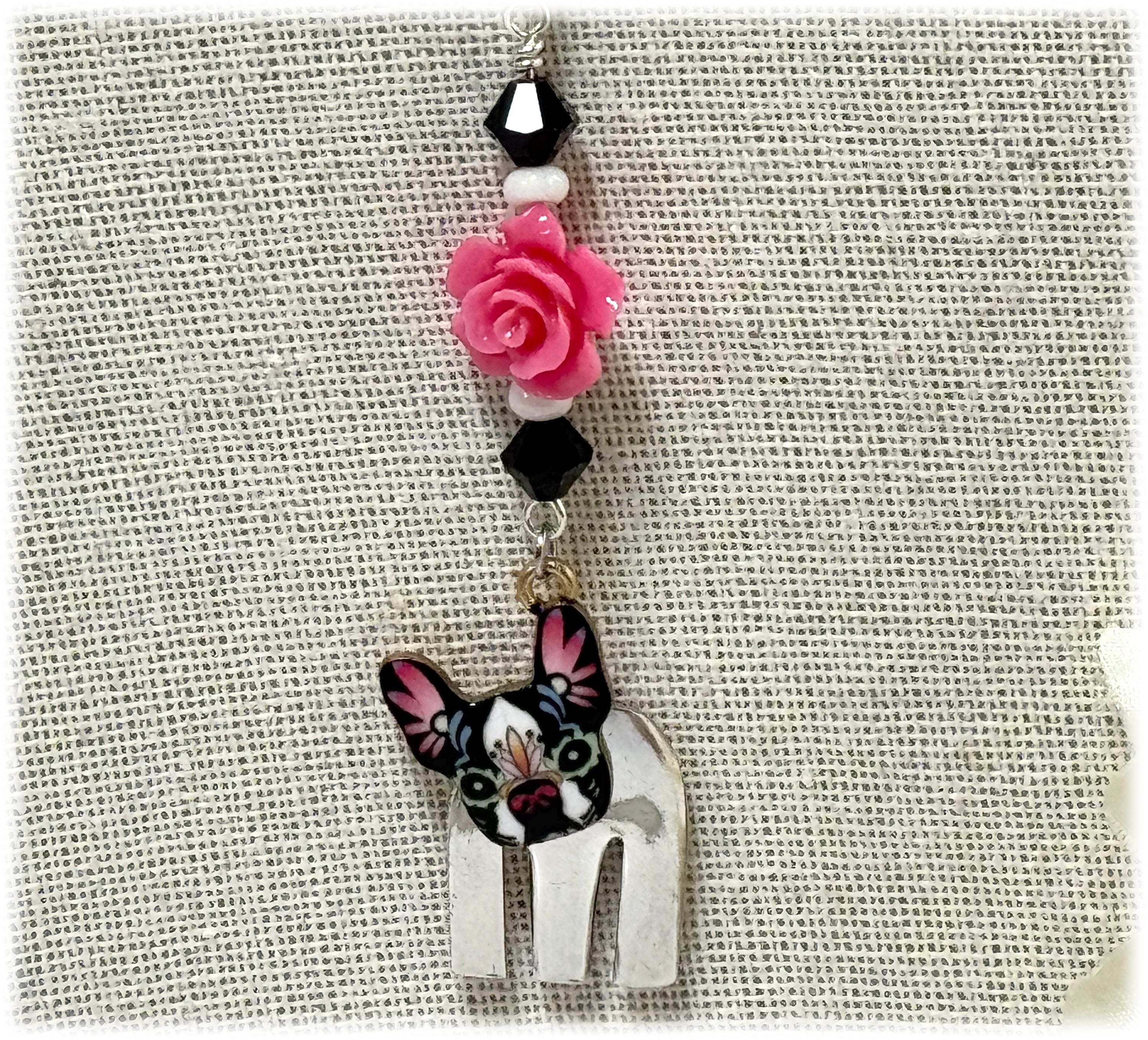 Frenchie French Bulldog Whimsical Pendant, Fork Jewelry, Pink Rose, Black Beads, Necklace or Keychain