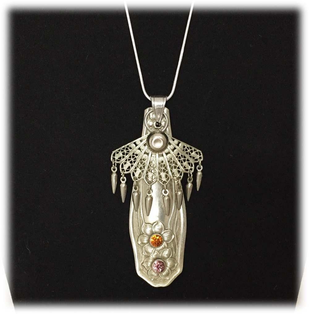 Spoon Pendant Victorian Pendant, Upcycled Silverplate Flatware, Filigree, Floral, Crystal Accents, Steampunk Necklace