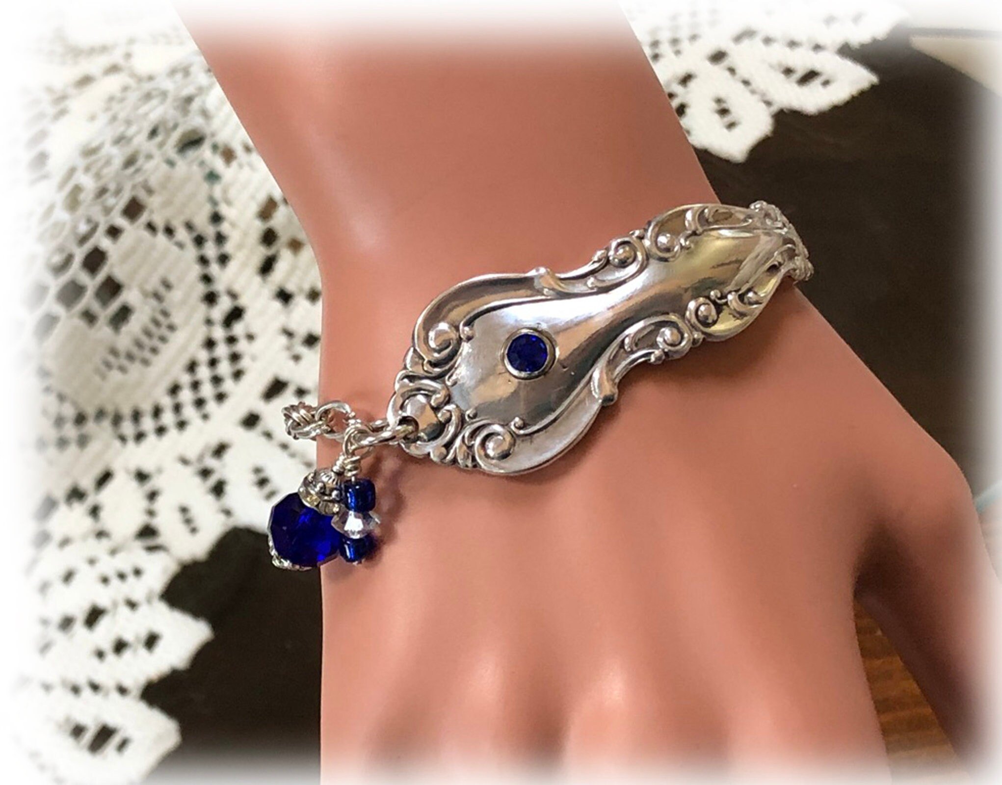 Upcycled Gorham Sterling Spoon Bracelet: Sapphire Crystal Charm