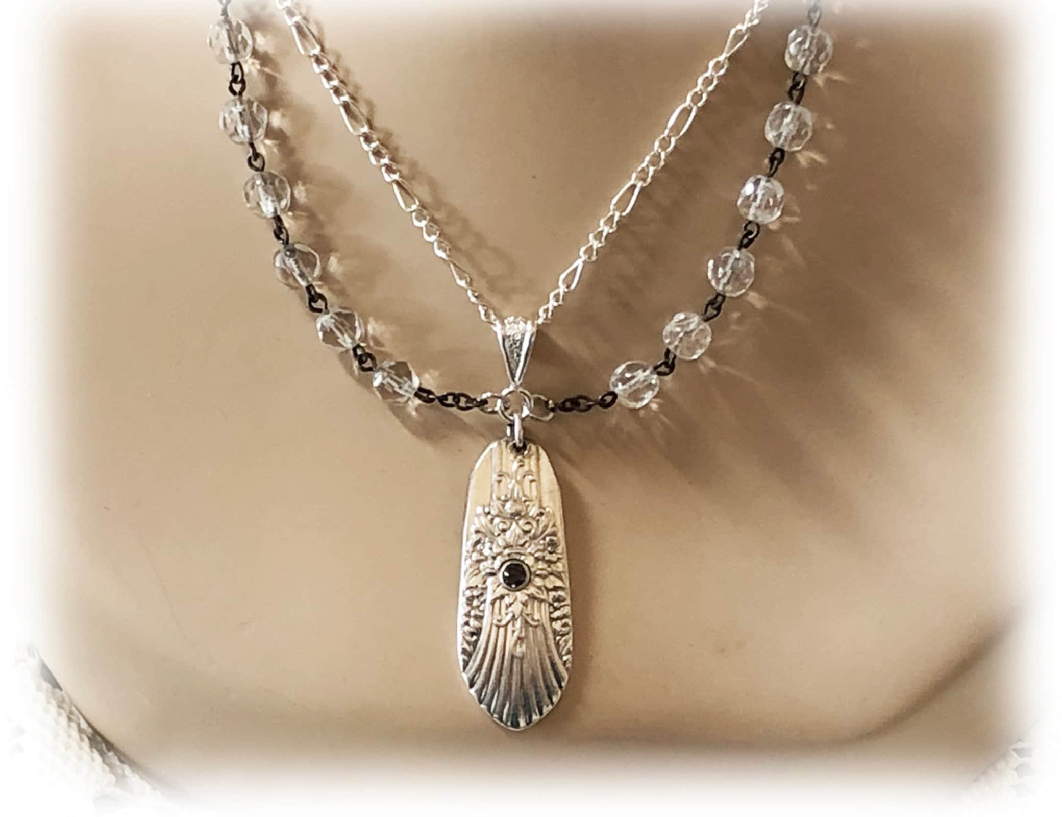 Sterling Spoon Pendant Necklace: Amethyst Accent, Rosary Glass Beads