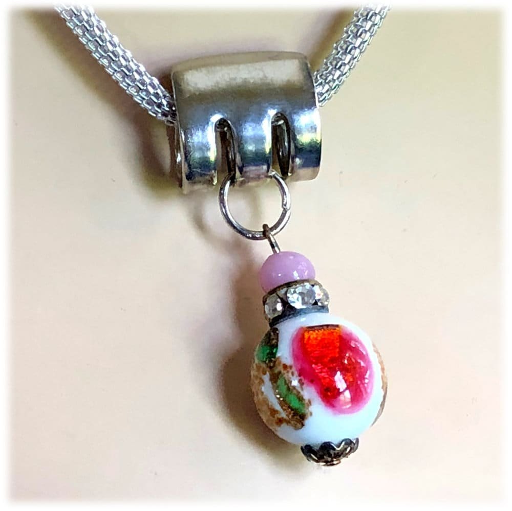 Fork Tine Bale Pendant, Vintage Lampwork Glass Bead Pendant, Upcycled Silverplate Flatware, Serpent Chain