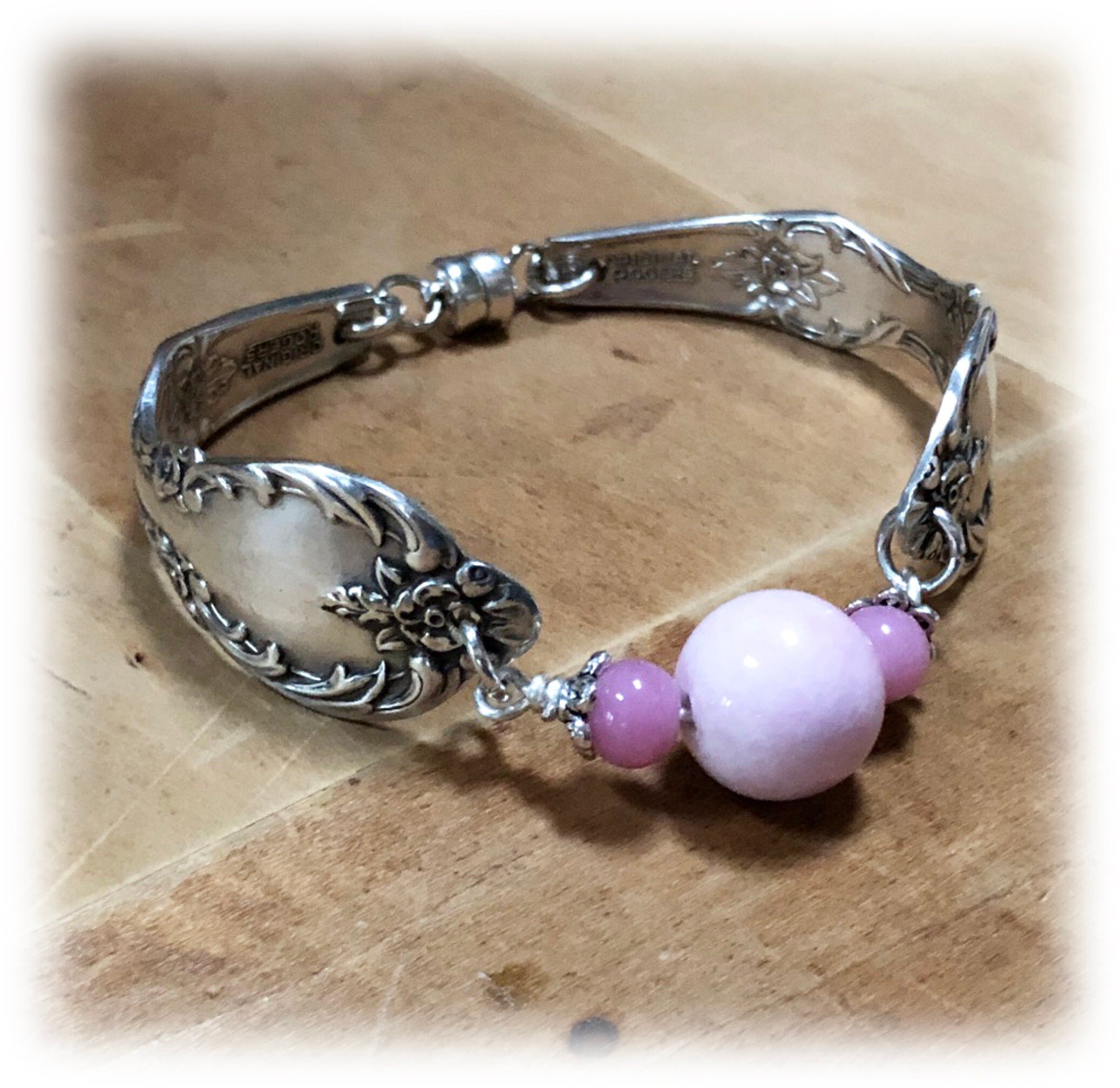 Upcycled Silverplate Spoon Bracelet: Floral Grand Elegance, Pink Beads