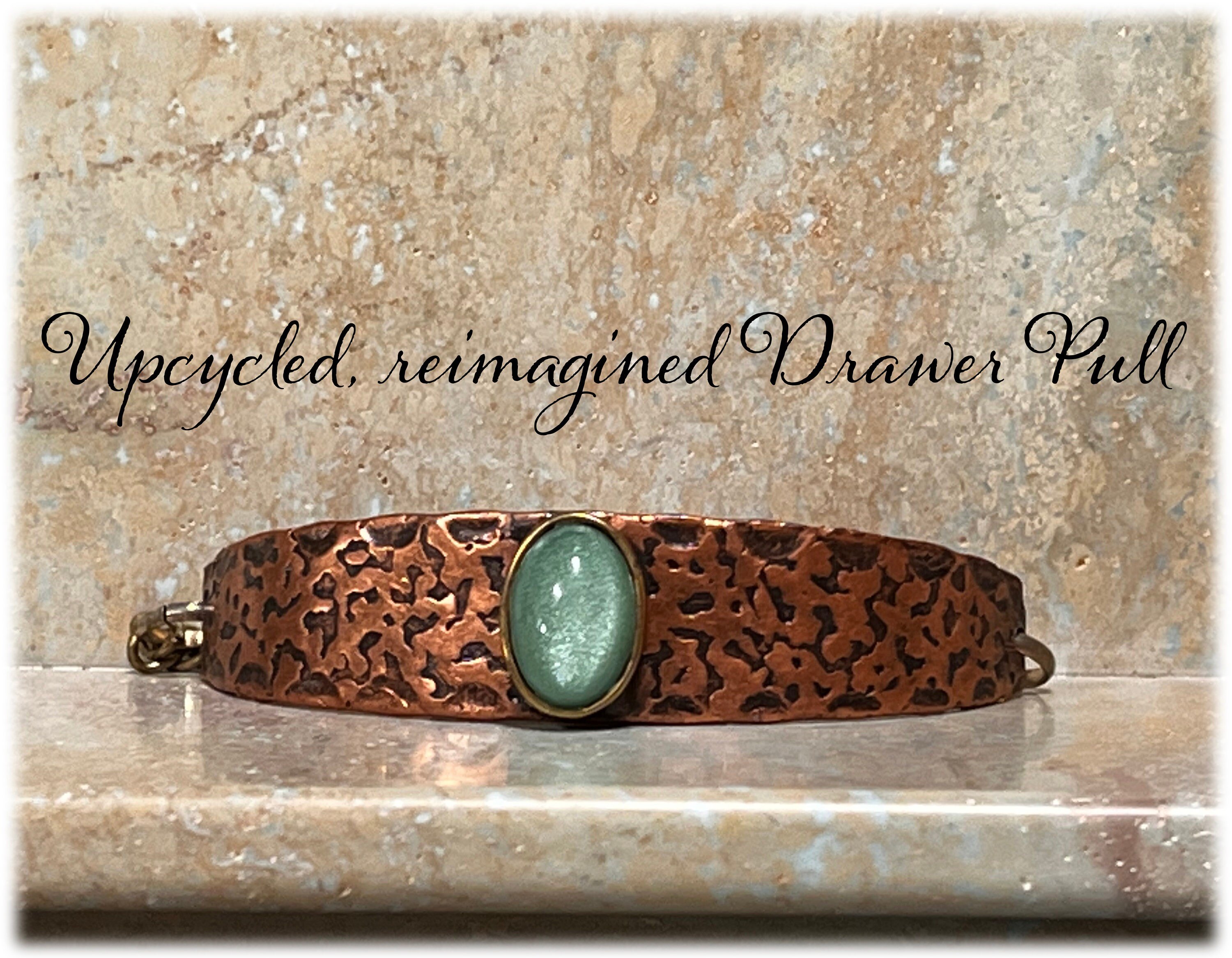 Upcycled Textured Copper Drawer Pull Bracelet, Green Glass Bezel Set Stone, Assemblage, Boho