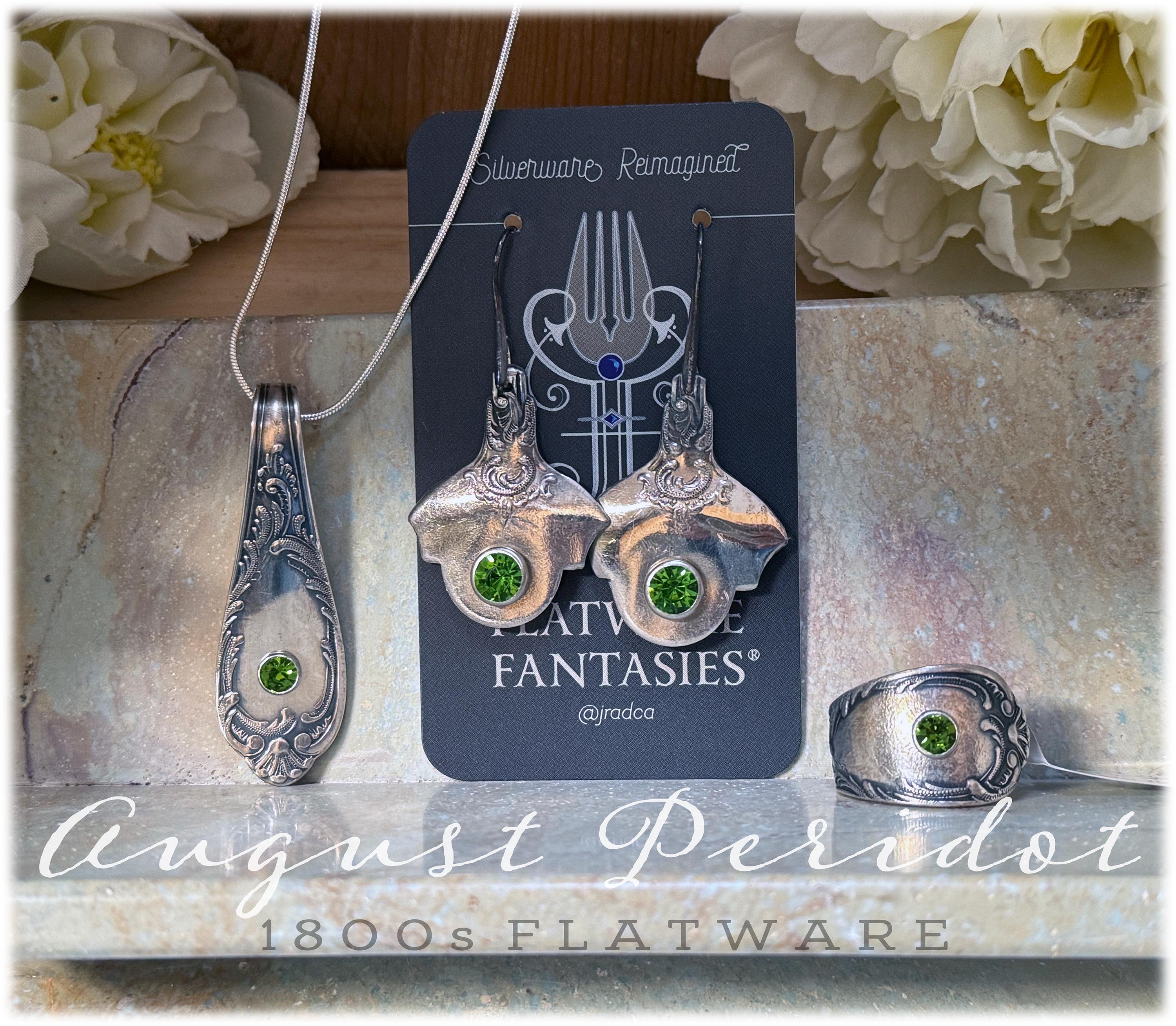 Peridot Crystal Antique Spoon Jewelry, Scrolls, Ring, Pendant, Earrings, August Birthstone