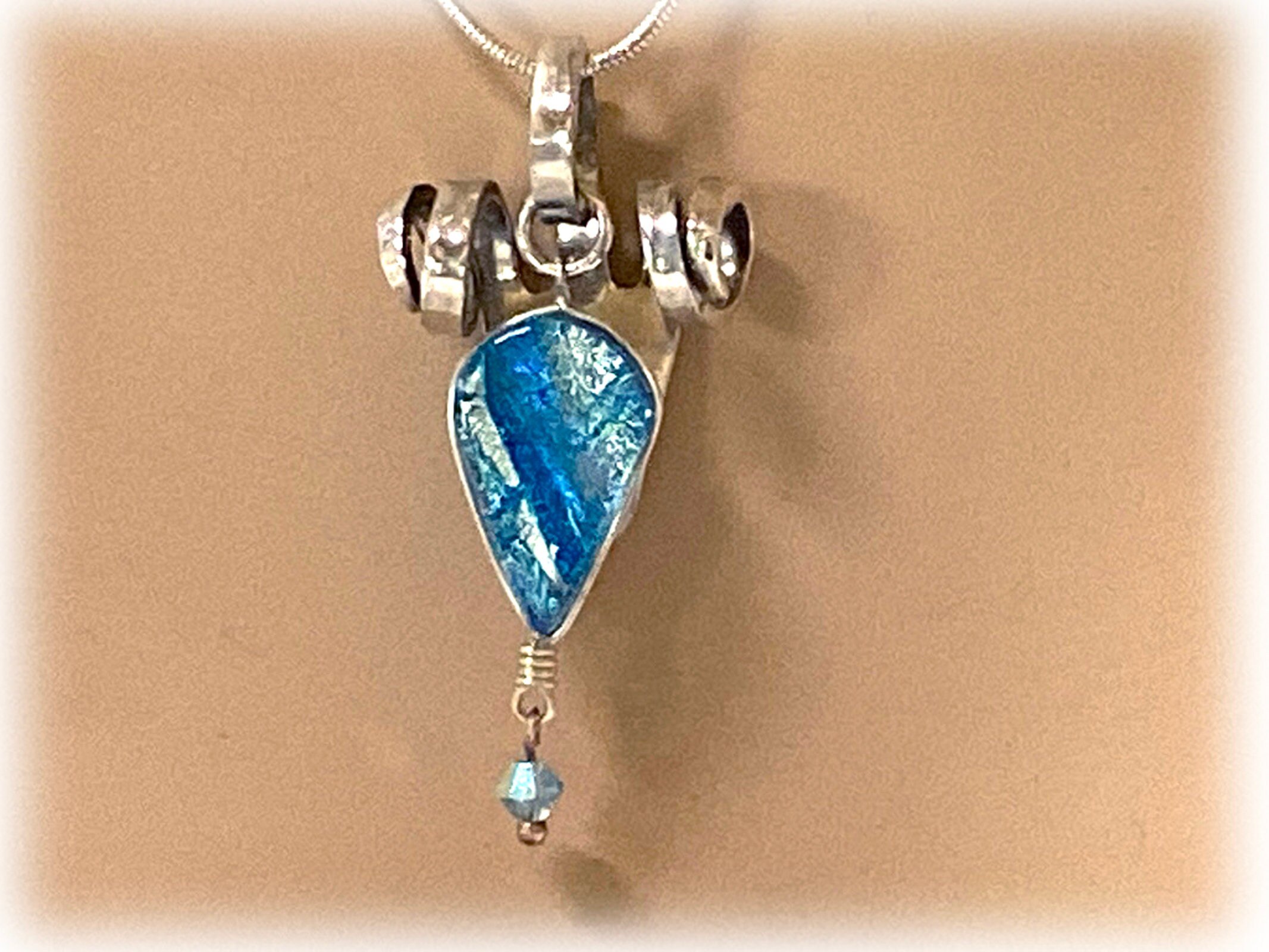 Modernist Sterling Lemon Fork Pendant: Art Glass Teardrop, Upcycled Flatware
