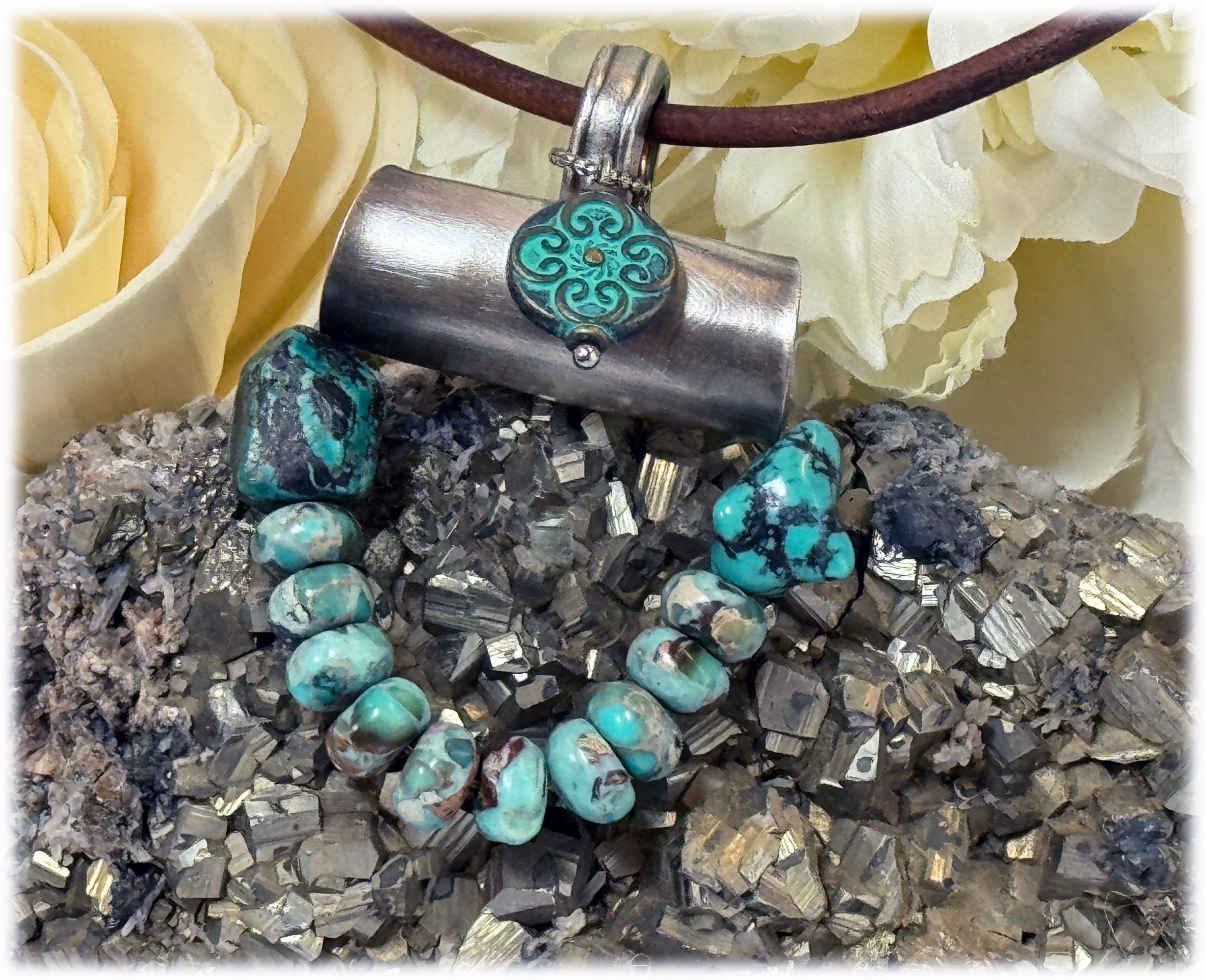 Jasper Turquoise Spoon Pendant Necklace: Upcycled Silverplate, Leather Cord