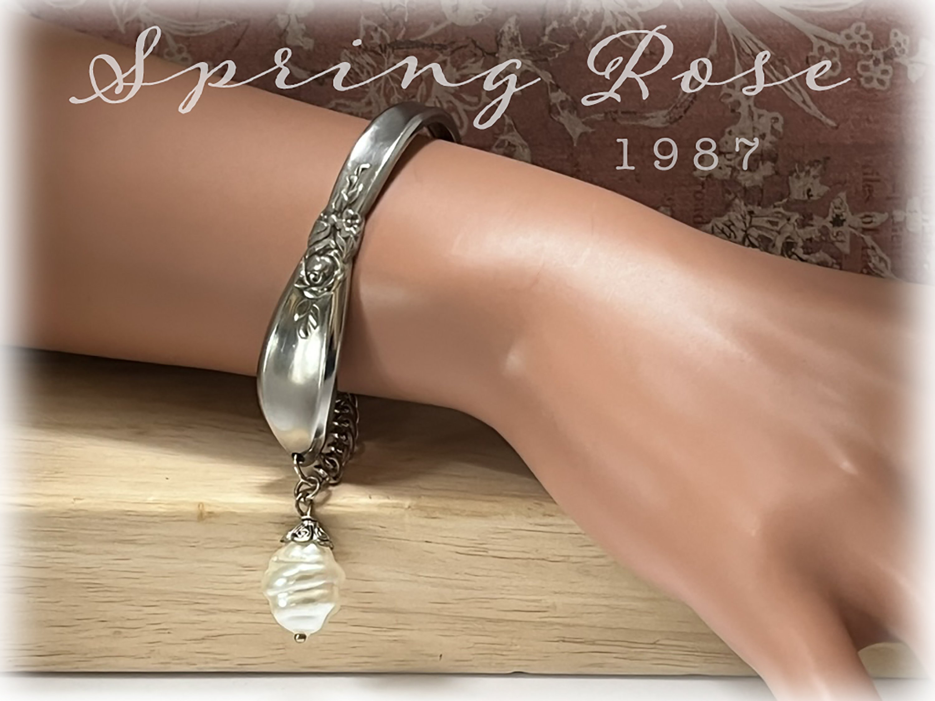 Spring Rose Cuff Bracelet: Upcycled Stainless Steel with Pearl Charm