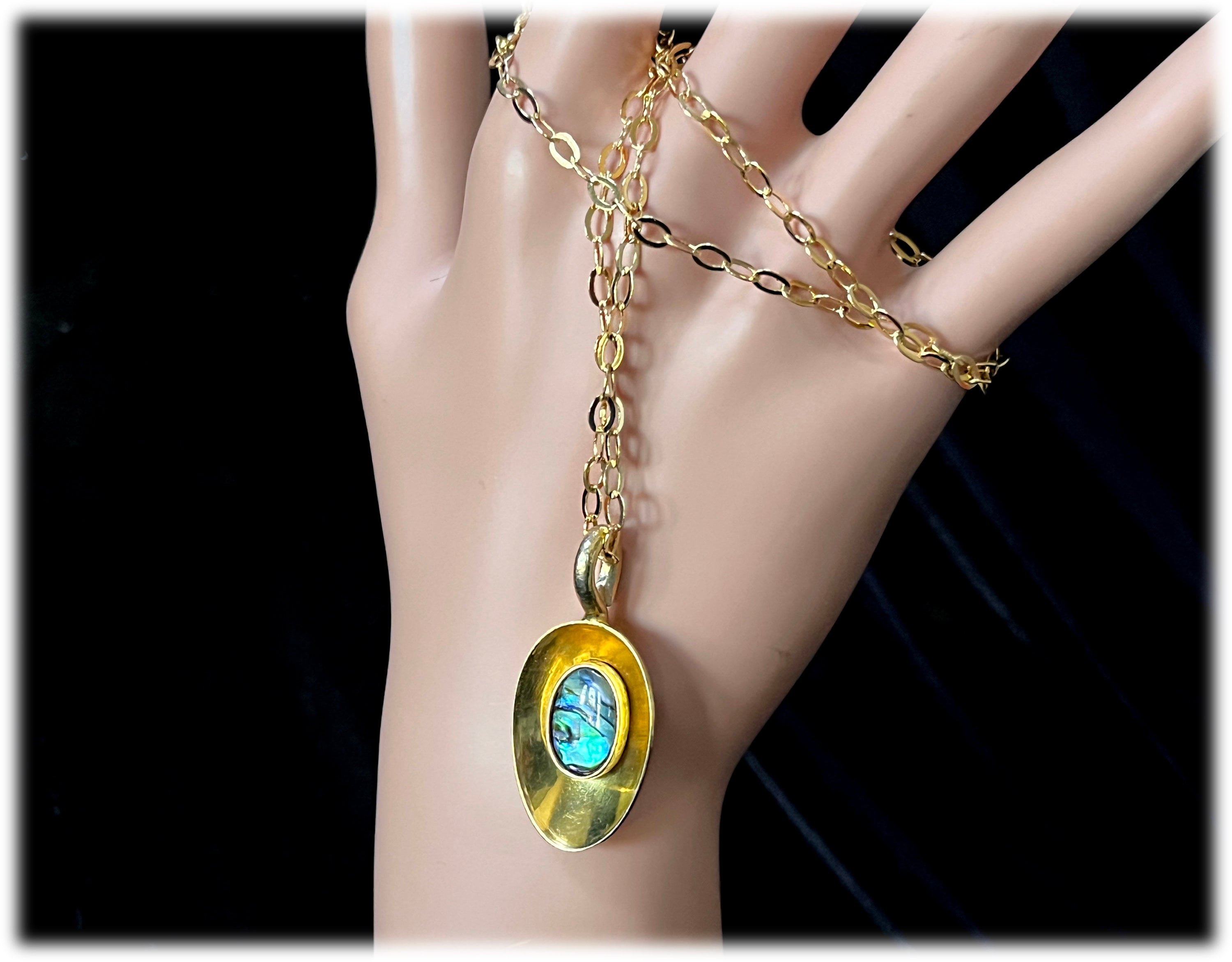 Upcycled Spoon Pendant: Abalone Stone, Gold Plated French Demitasse