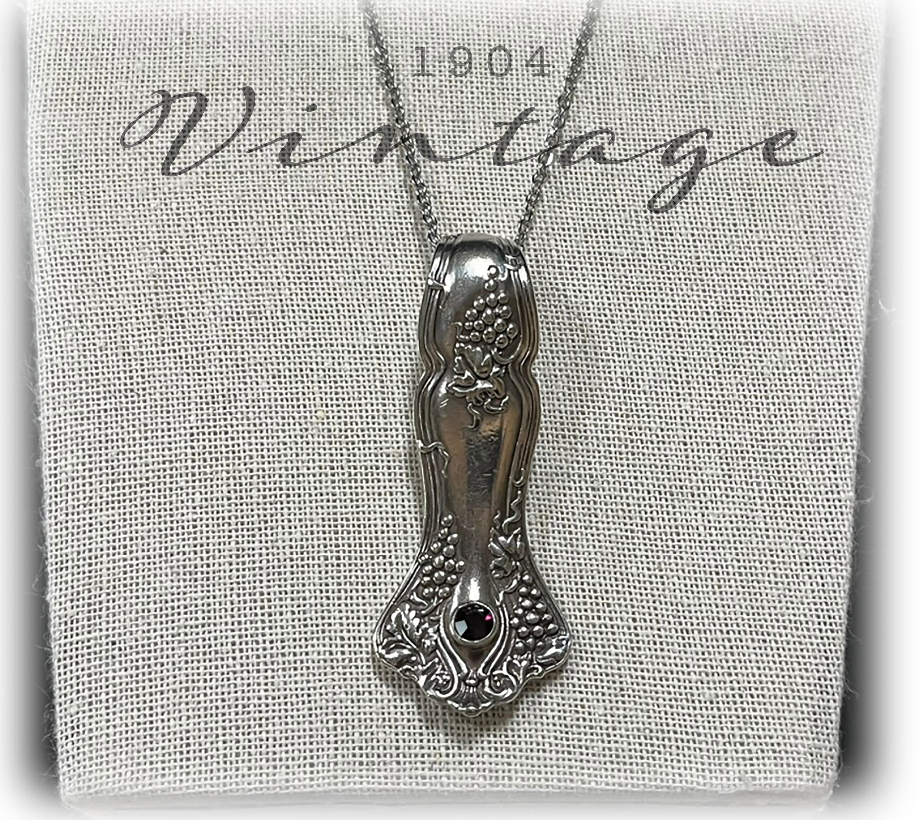 Vintage Pattern Grape Pendant Flatware, Amethyst Crystal, Antique Spoon Necklace, Silverware, Unique Pendant