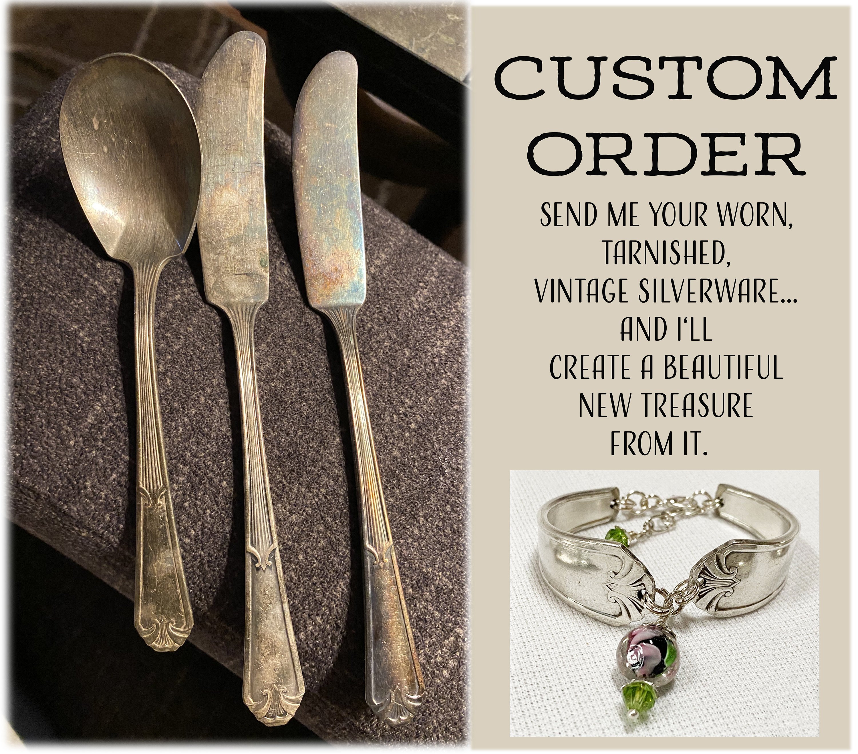 Custom Spoon Bracelets, Earrings, Scarf Rings, Key Rings, Pendants from Your Silverware