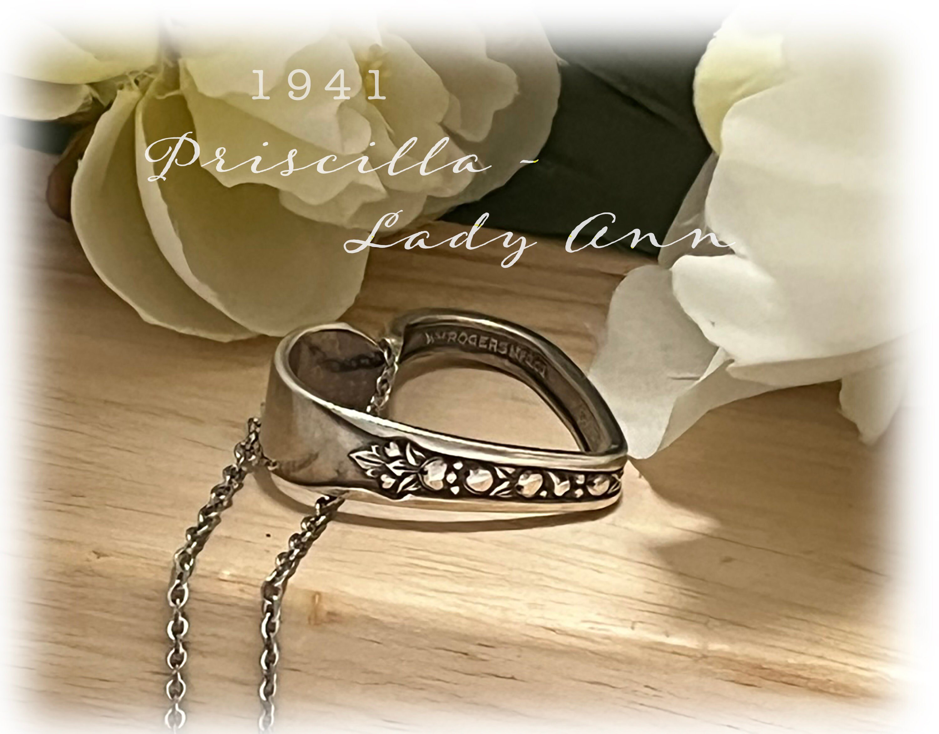 Vintage 1941 Priscilla - Lady Ann Heart Silverplate Pendant, Spoon and Fork Jewelry, Love Gift