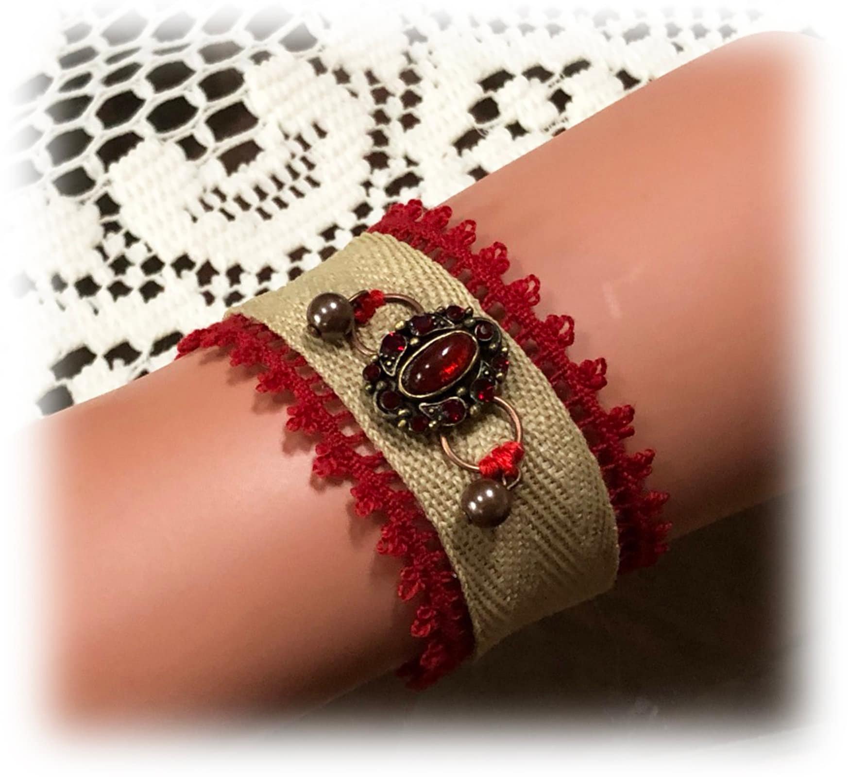 Upcycled Boho Bracelet: Tan Twill, Red Lace, Vintage Jewel