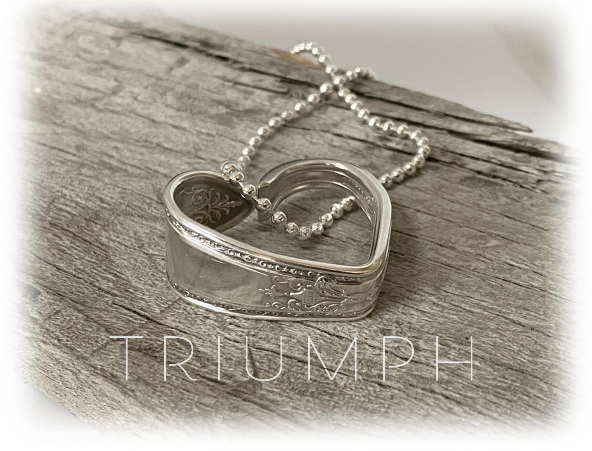 Vintage Silver Plate Heart Pendant: 1925 Triumph Spoon, 20" Bead Chain