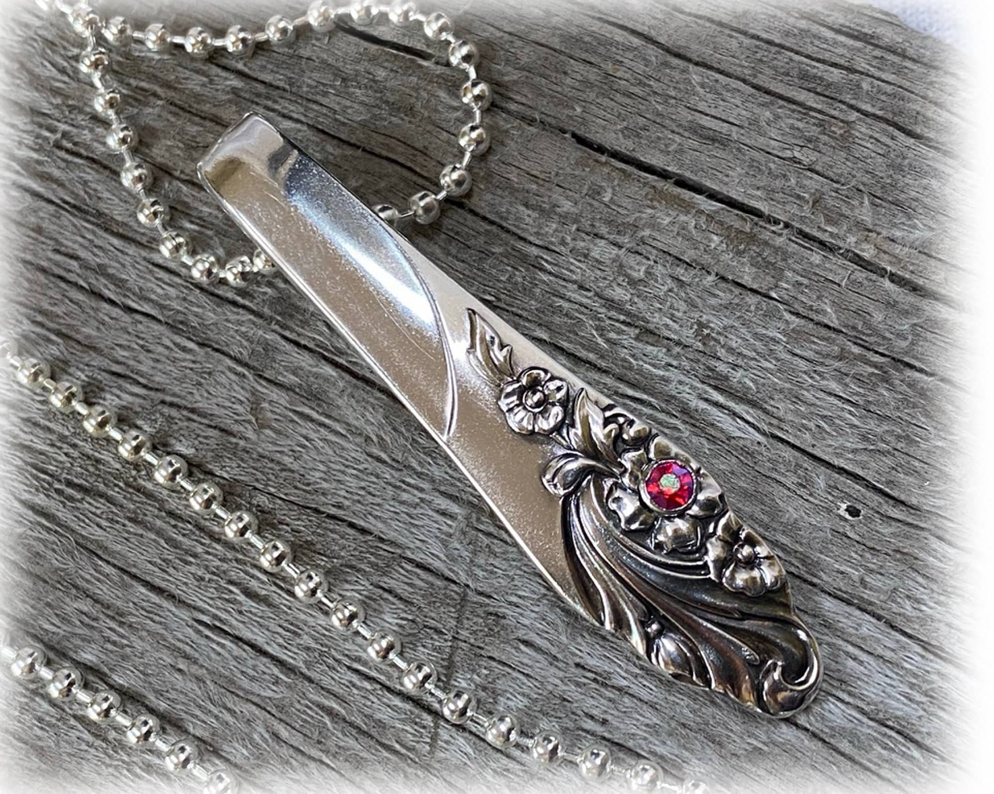 Evening Star Spoon Pendant, AB Rhinestone Accent, 1950 Silverplate, Swash Floral Necklace