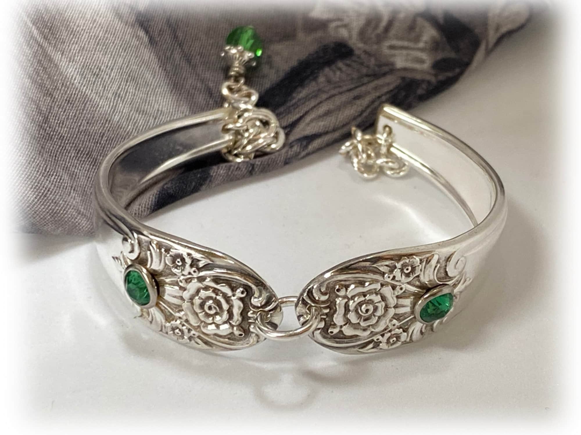 Statement Spoon Bracelet, 1954 Melody Pattern Rogers, Mid-Century Silverware, CHOOSE Birthstone Crystals