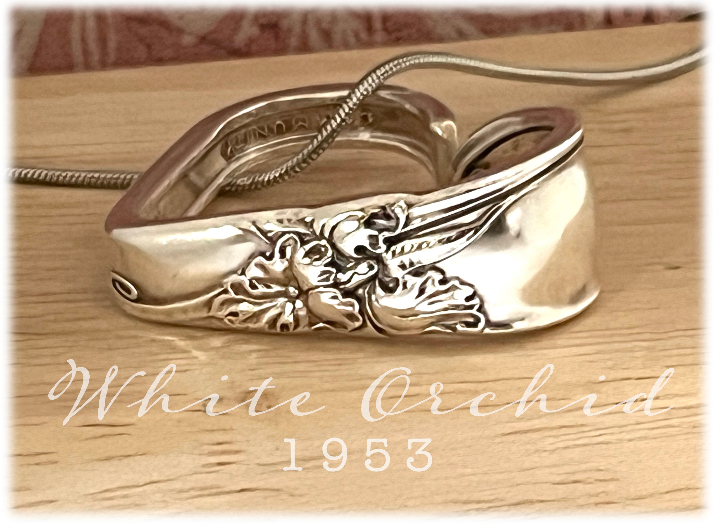 Vintage White Orchid Silverplate Heart Pendant, 1953 Upcycled Spoon Jewelry