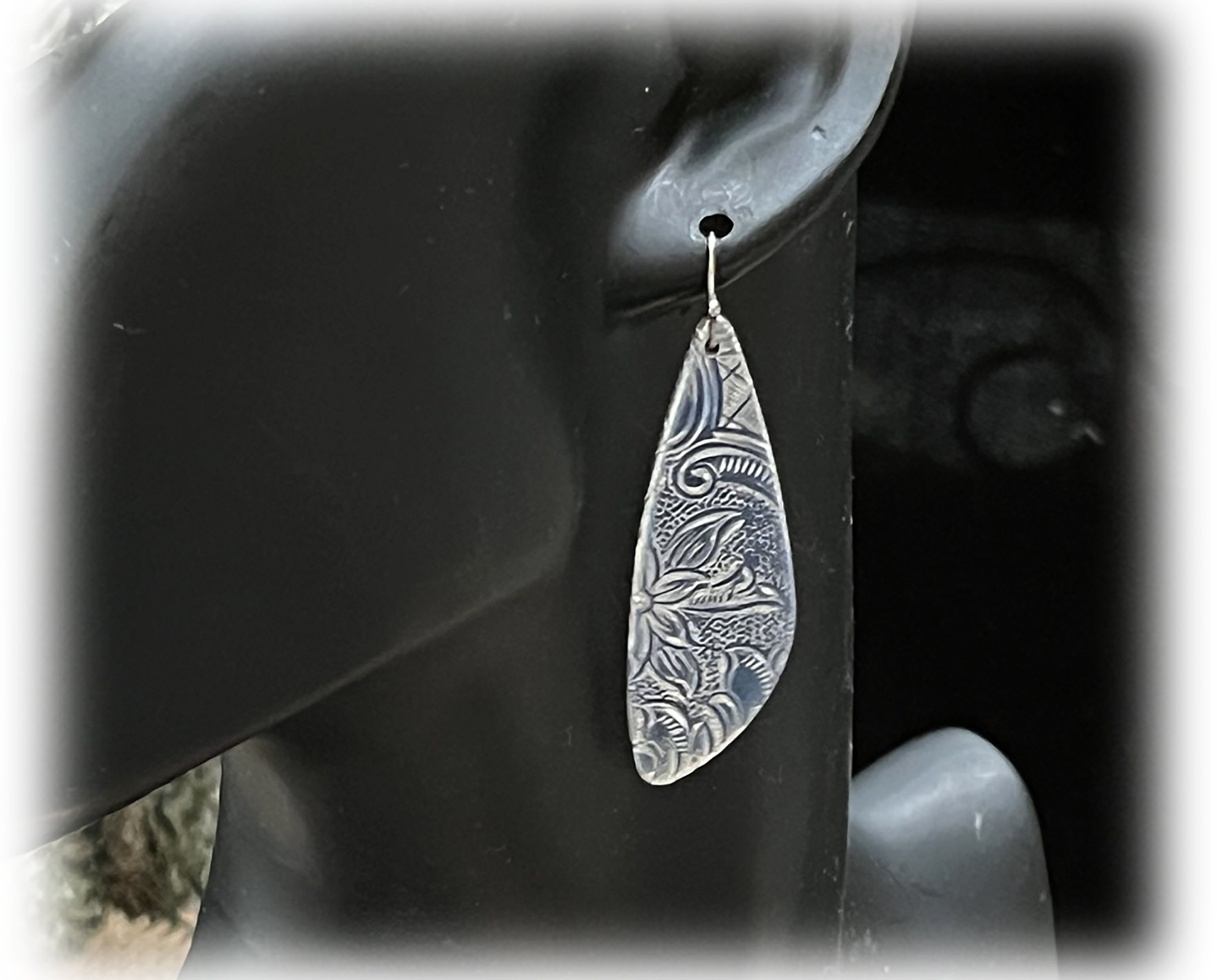 Vintage Silverplate Dangle Earrings, Embossed Floral Baroque, Upcycled Jewelry