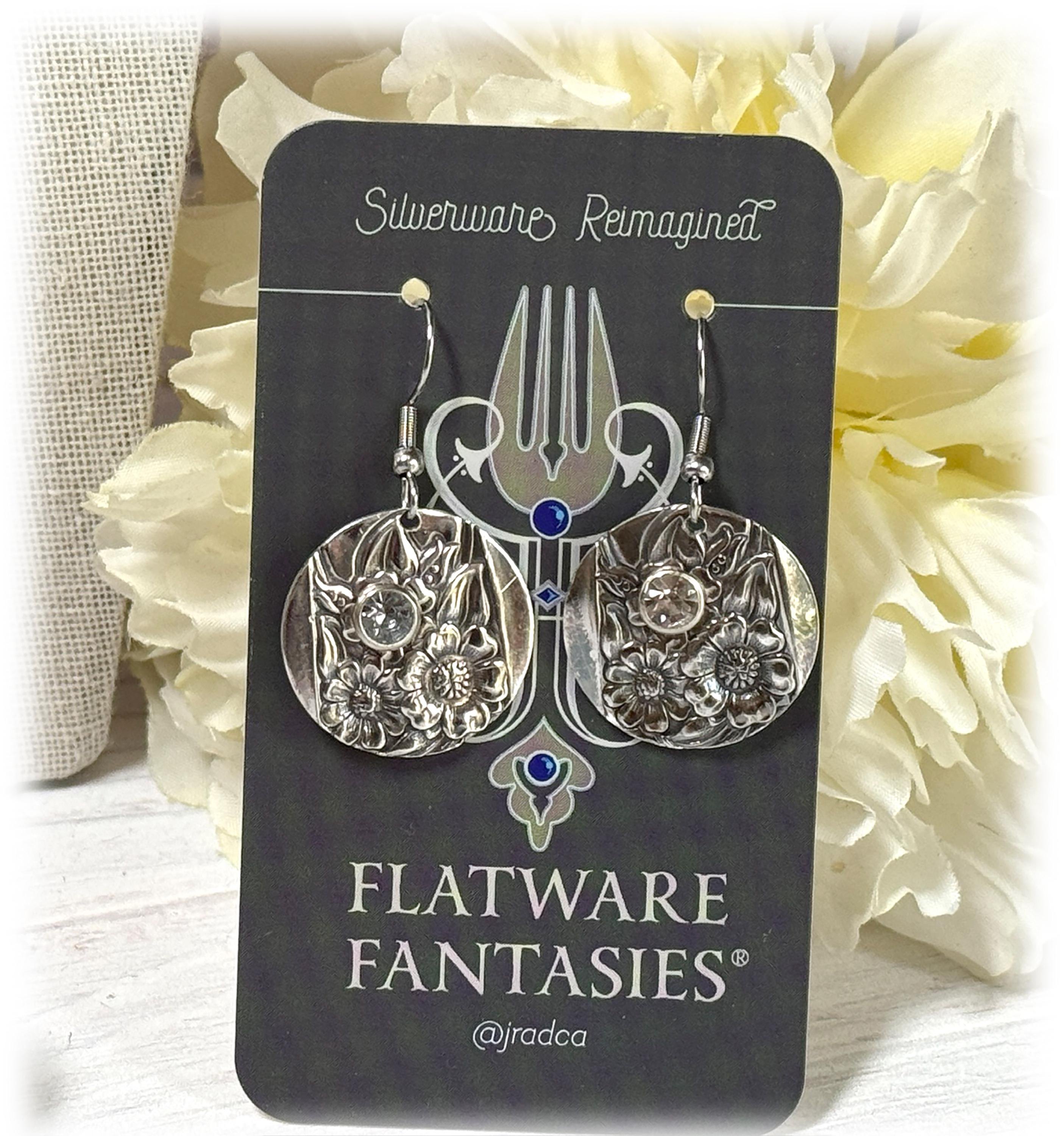 Upcycled Silver Spoon Earrings: 1950s Floral April Birthstone