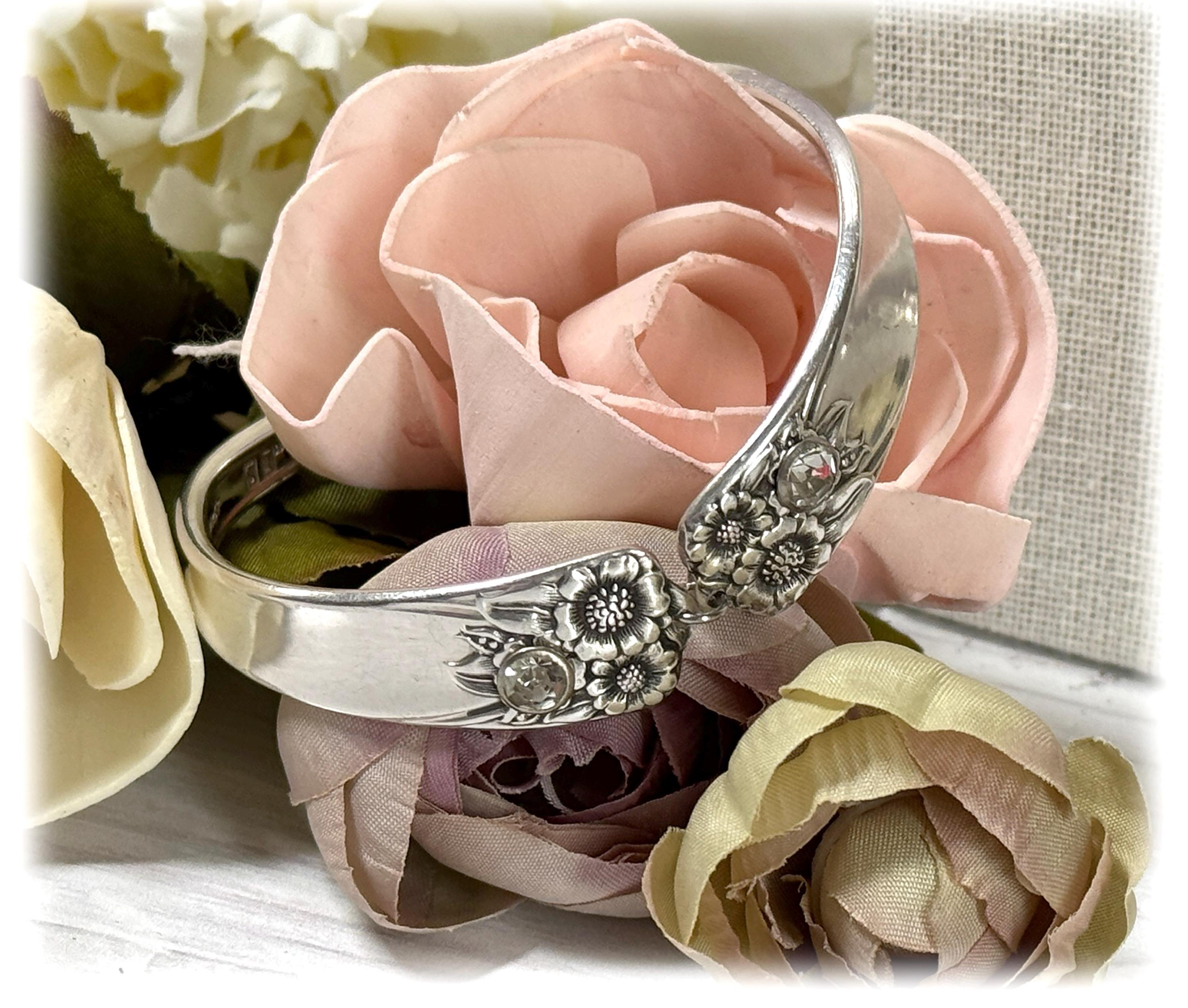Upcycled Silver Spoon Bracelet: Floral 1950s Flatware, April Birthstone