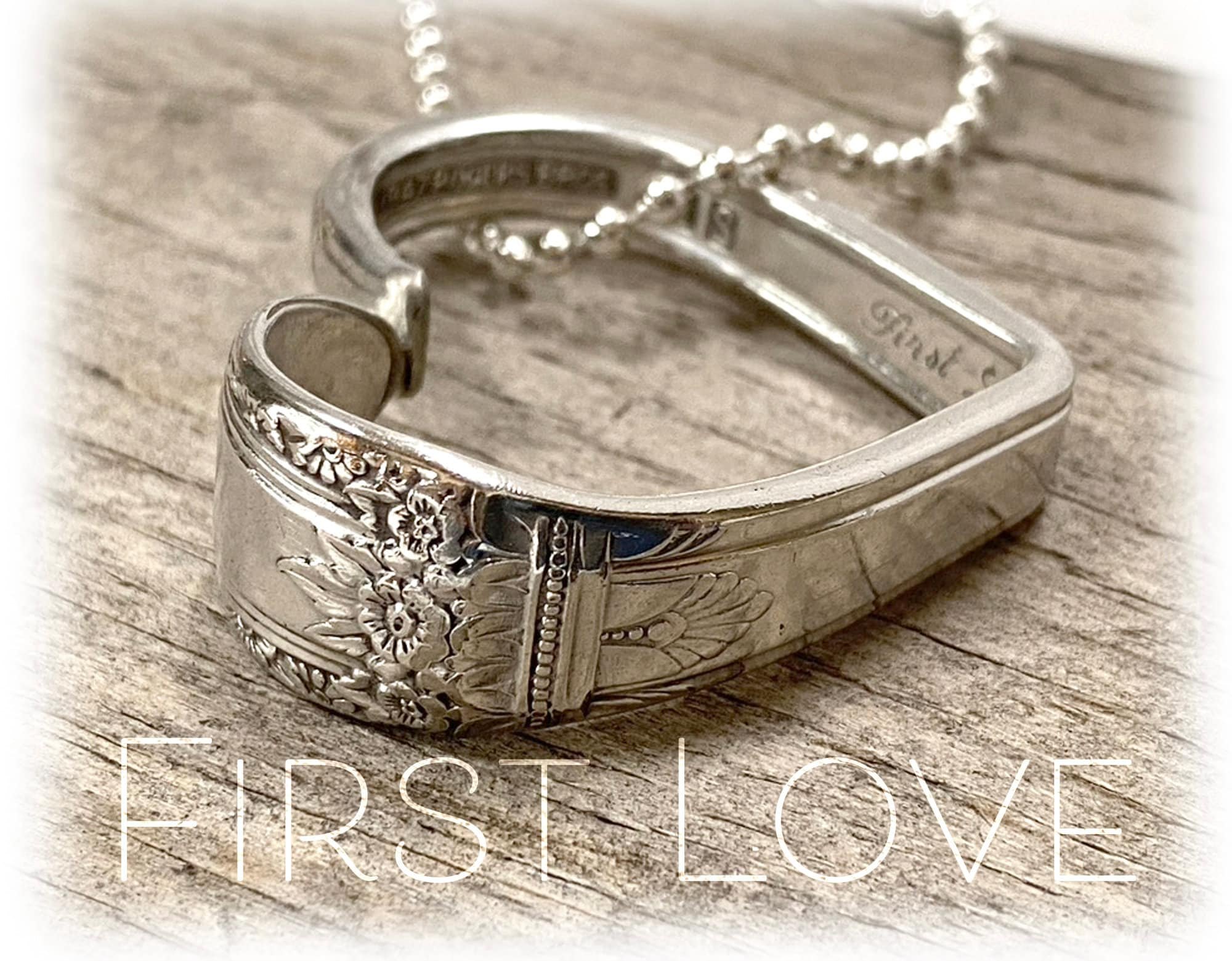 Vintage First Love Heart Silverplate Pendant, Spoon and Fork Jewelry, Serpent Chain, Valentine