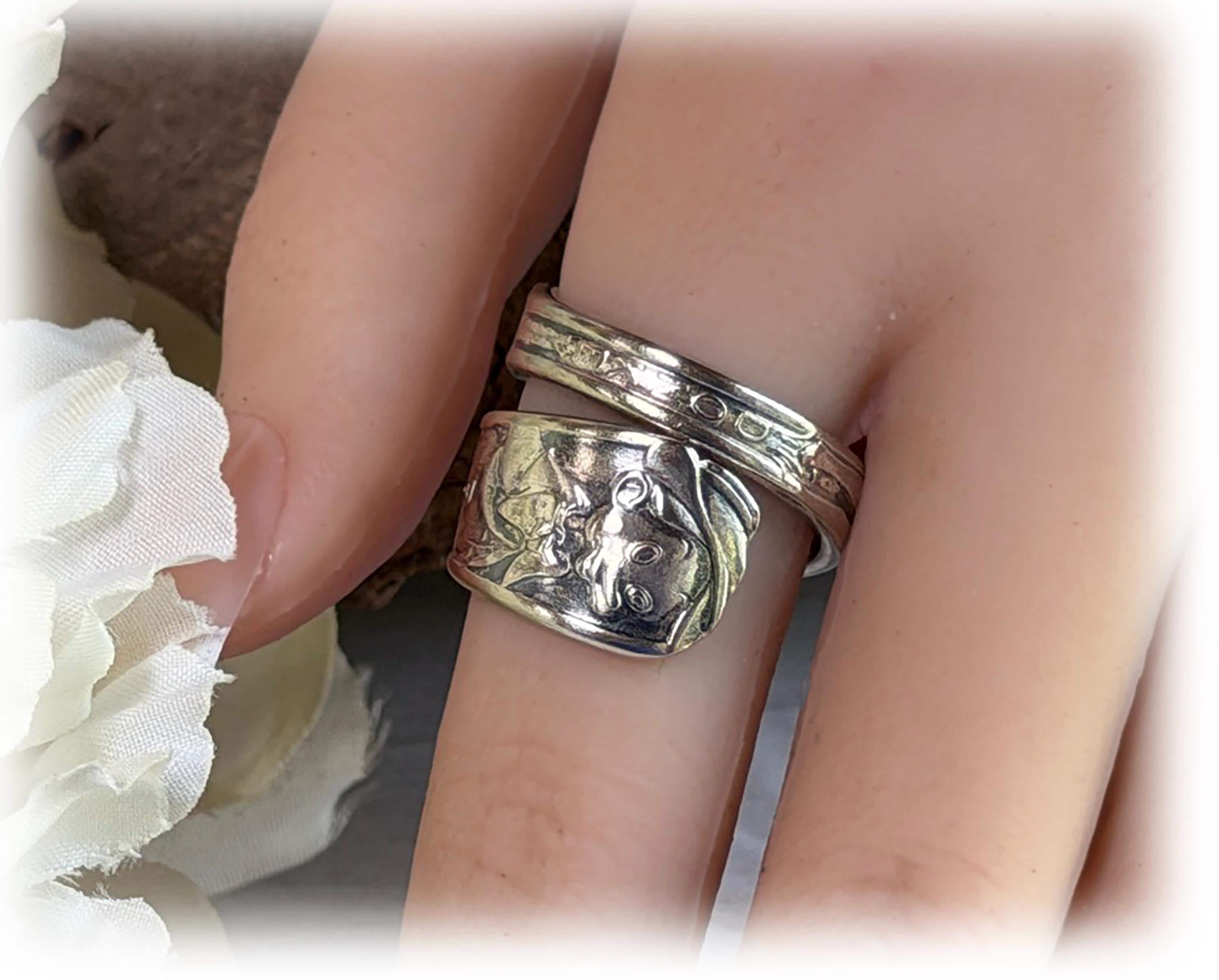 Novelty Spoon Ring, Pinocchio Donkey Upcycled Silverplate Spiral Ring 1930s