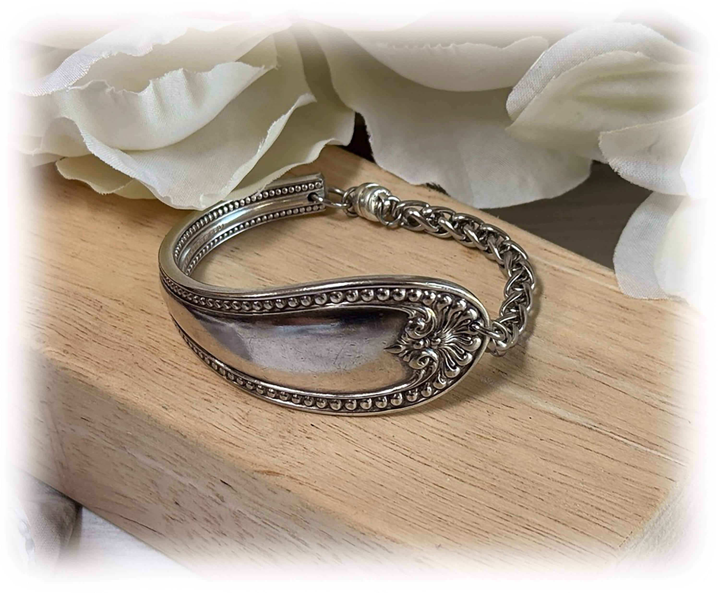 Antique Asymmetrical Silverplate Spoon Bracelet, Stuart Beaded Flatware Bracelet, Wallace, 1899