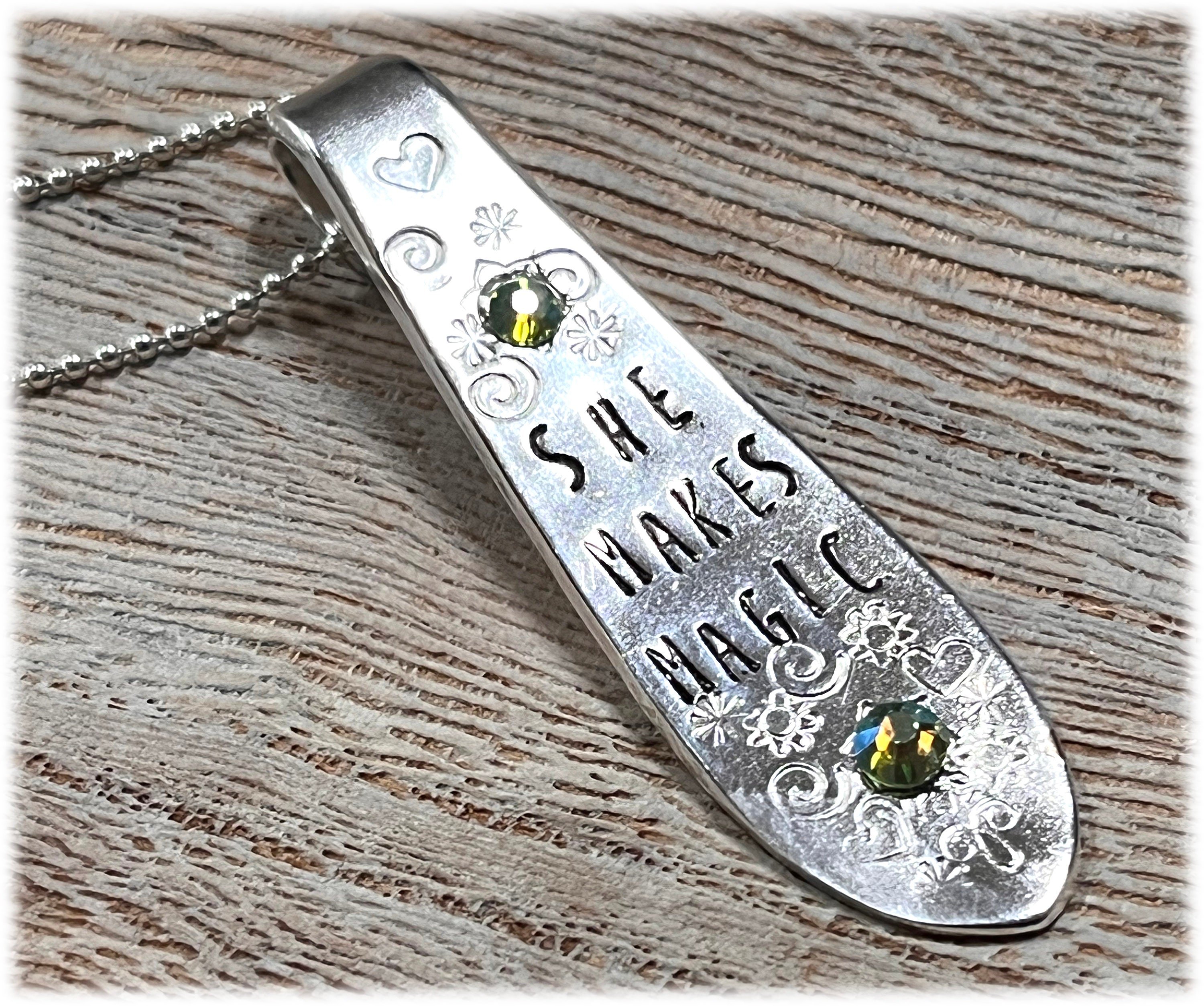 She Makes Magic Spoon Pendant, AB Rhinestone Accent, Stamped Silverplate Necklace
