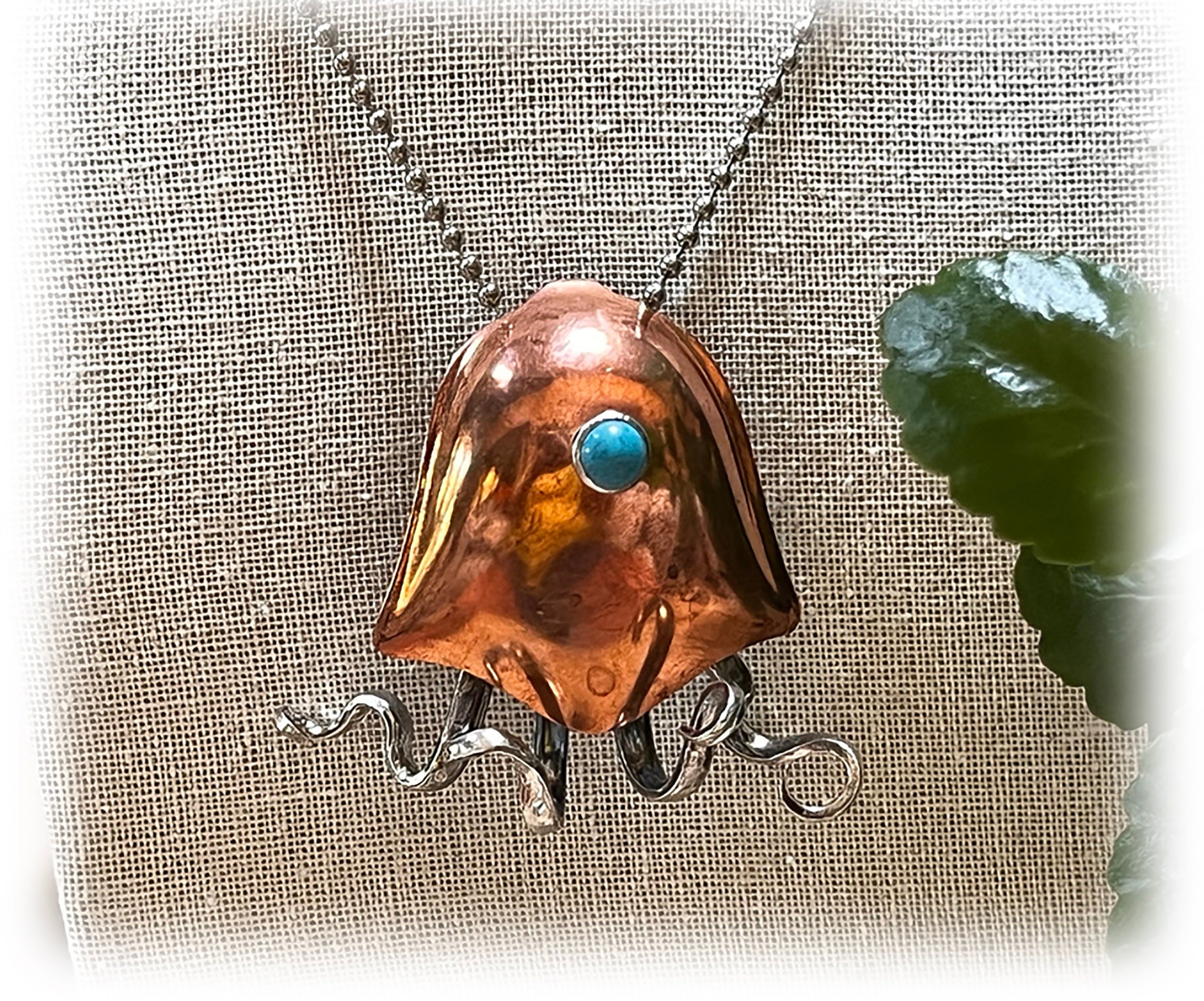 Copper Jellyfish Pendant: Upcycled Silver Fork, Turquoise Eye