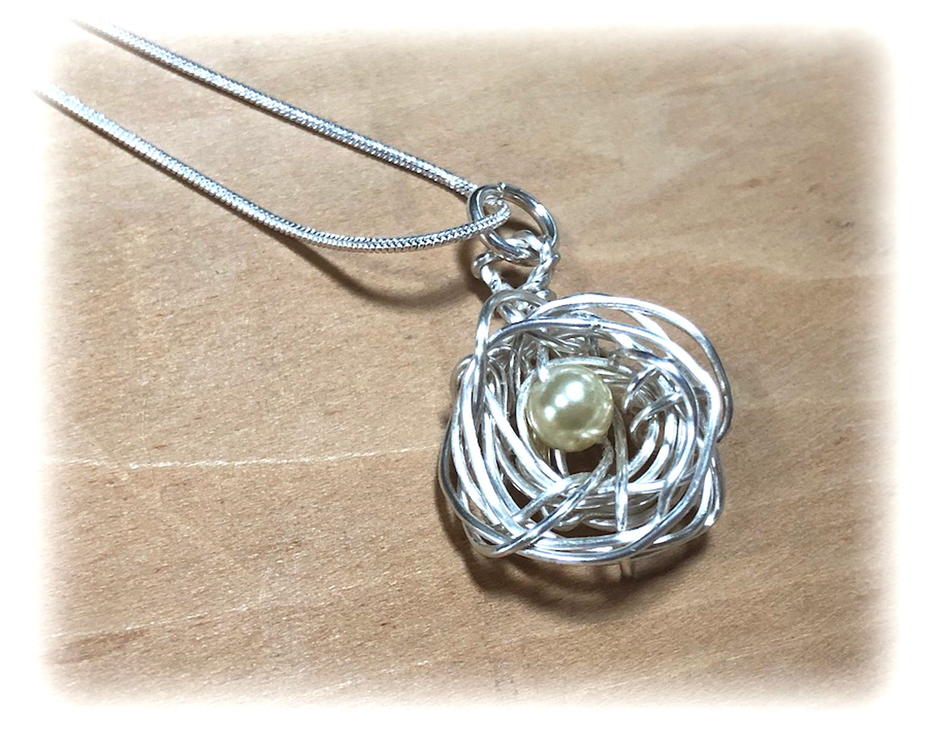 Silver Bird Nest Pendant: Pearl Egg, Mom-to-Be Necklace
