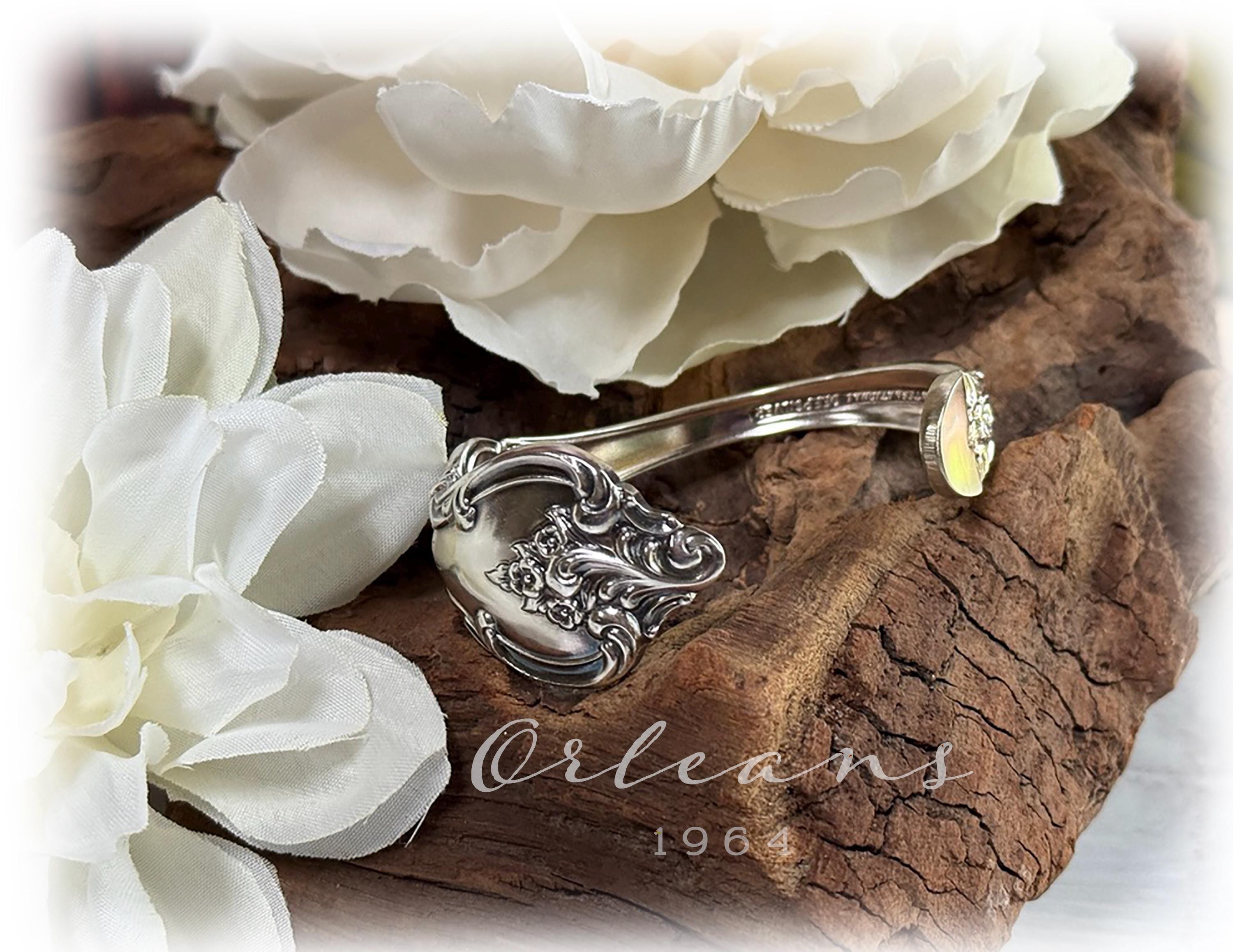 Orleans Silverplate Cuff Bracelet, Floral Silverplate Jewelry, Upcycled Flatware, 1964