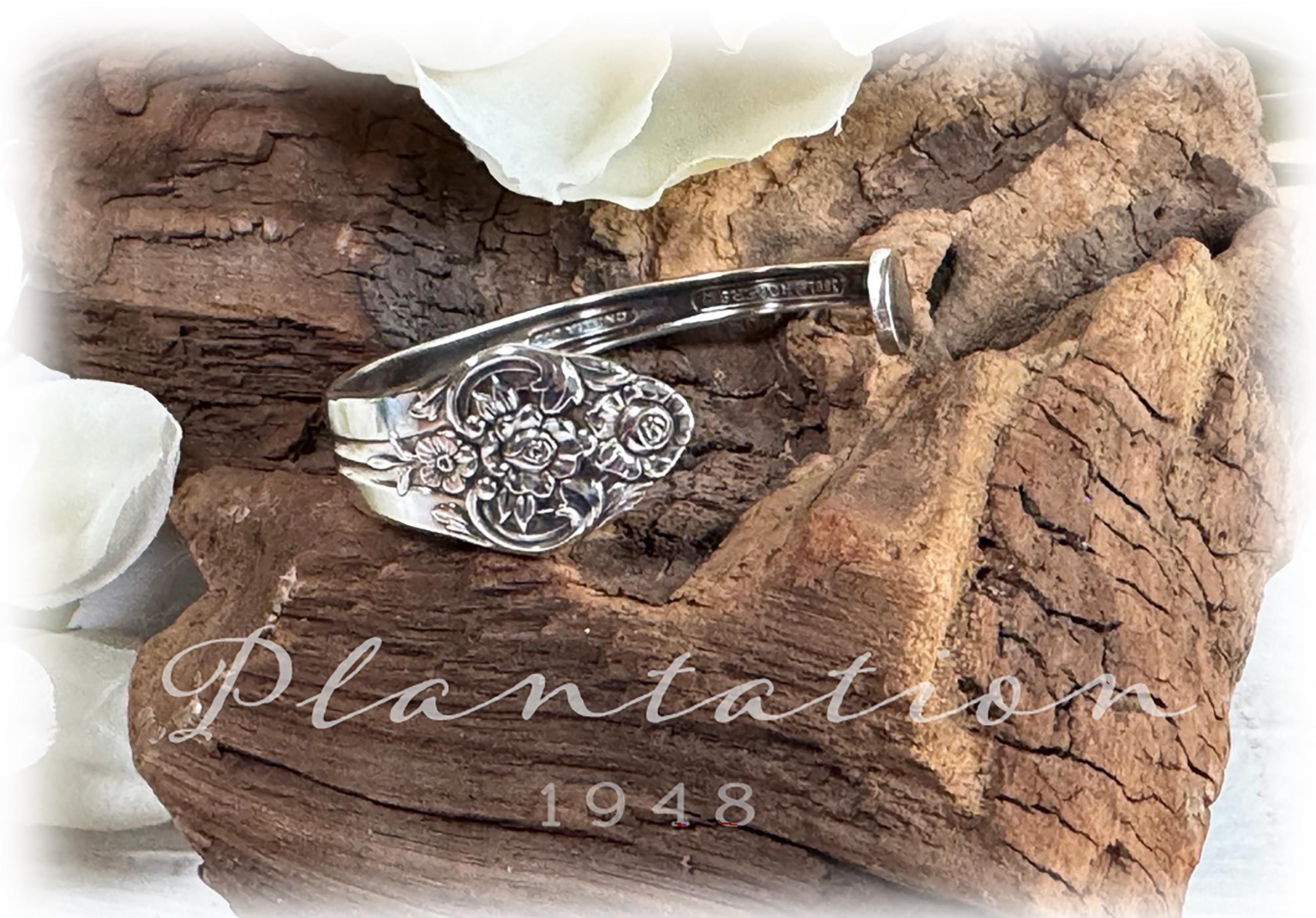 Plantation Silverplate Cuff Bracelet, Floral Silverplate Jewelry, Upcycled Flatware, 1939