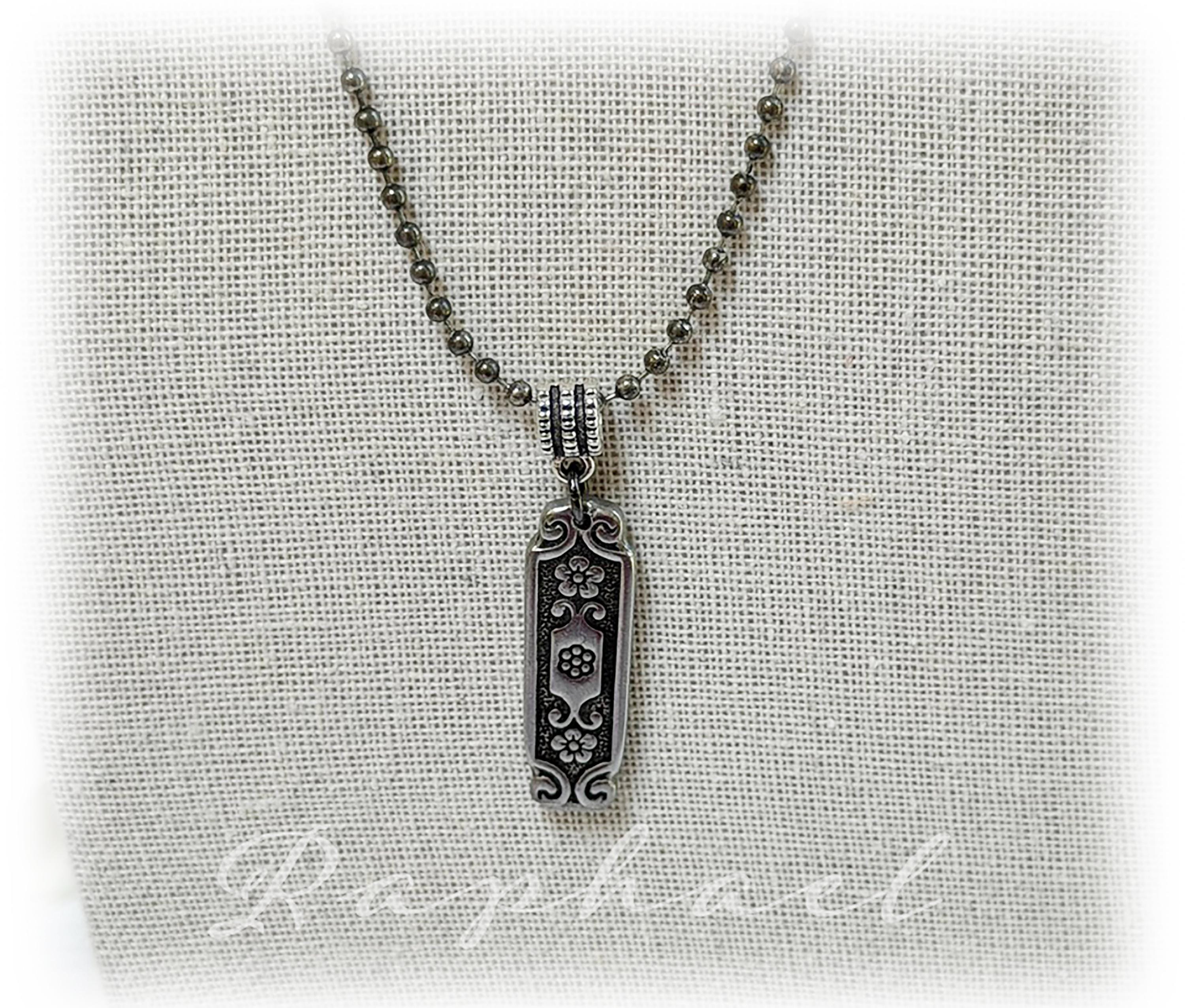 Raphael Stainless Steel Pendant, 1989 Upcycled Spoon Jewelry, Darkened Ball Chain Necklace