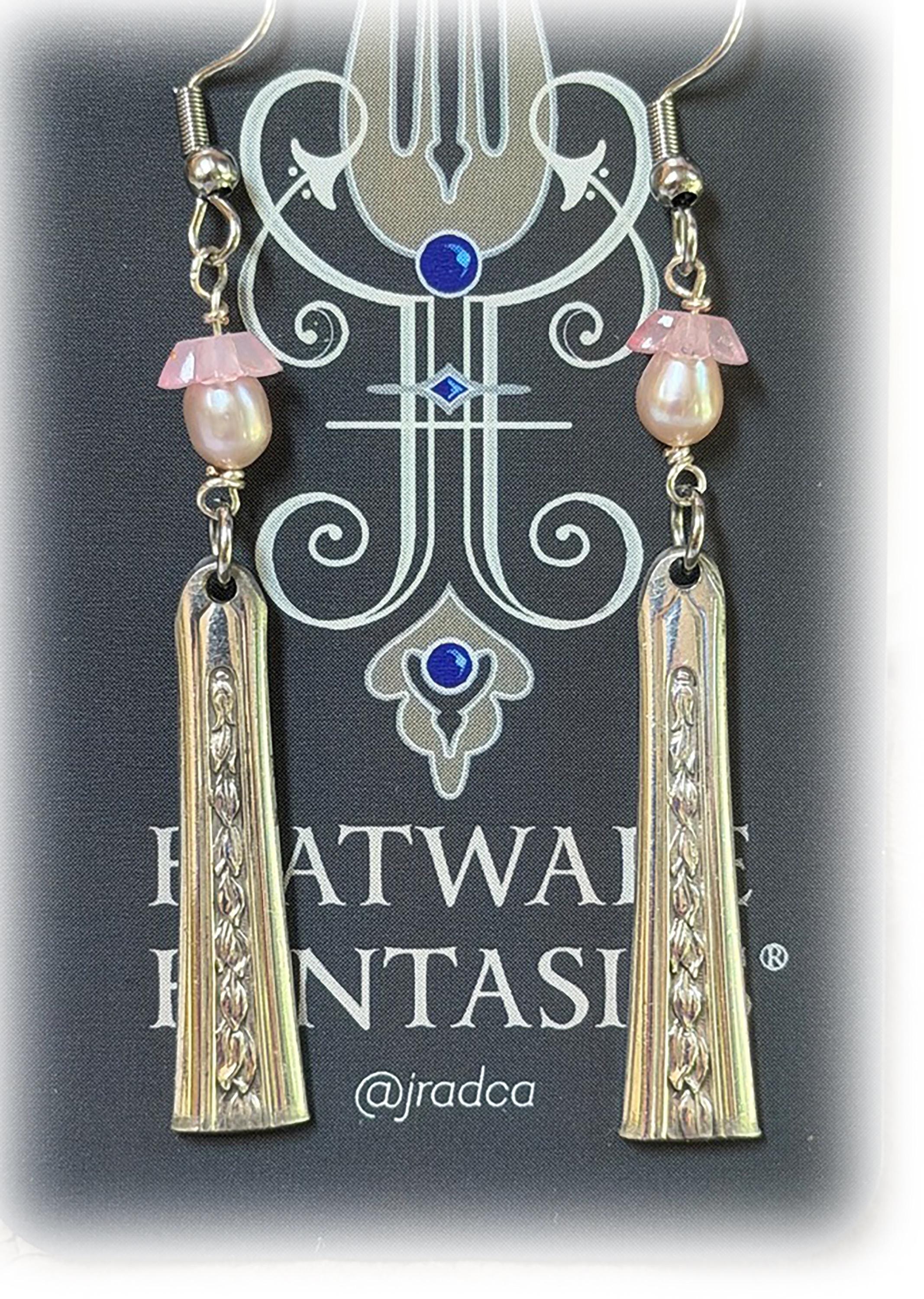 Vintage Spoon Earrings, 1937 Rose and Leaf Silverplate, Floral Scroll Design, Blush Pink Accent