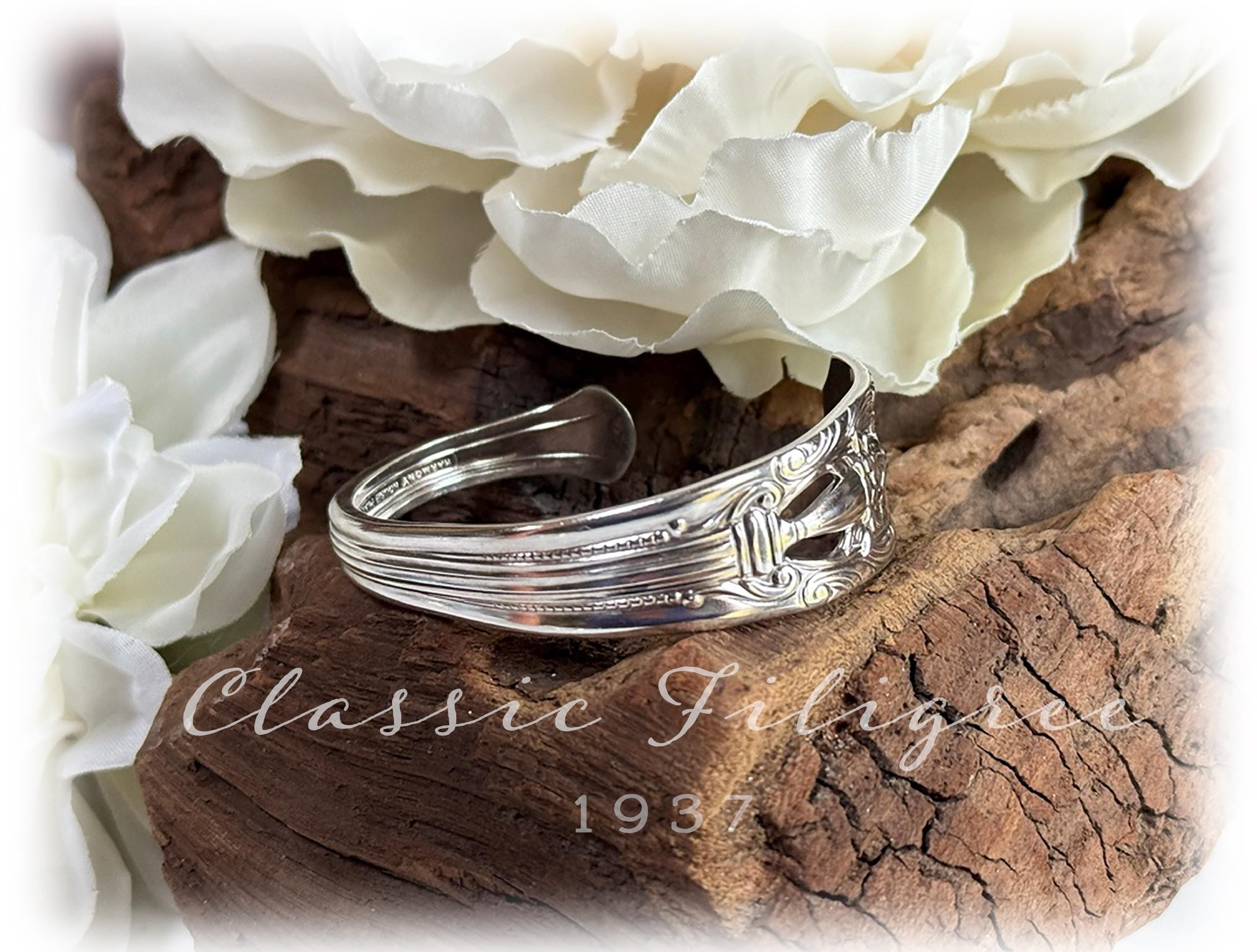 Classic Filigree Cuff Bracelet, Silverplate Jewelry, Upcycled Flatware, 1937